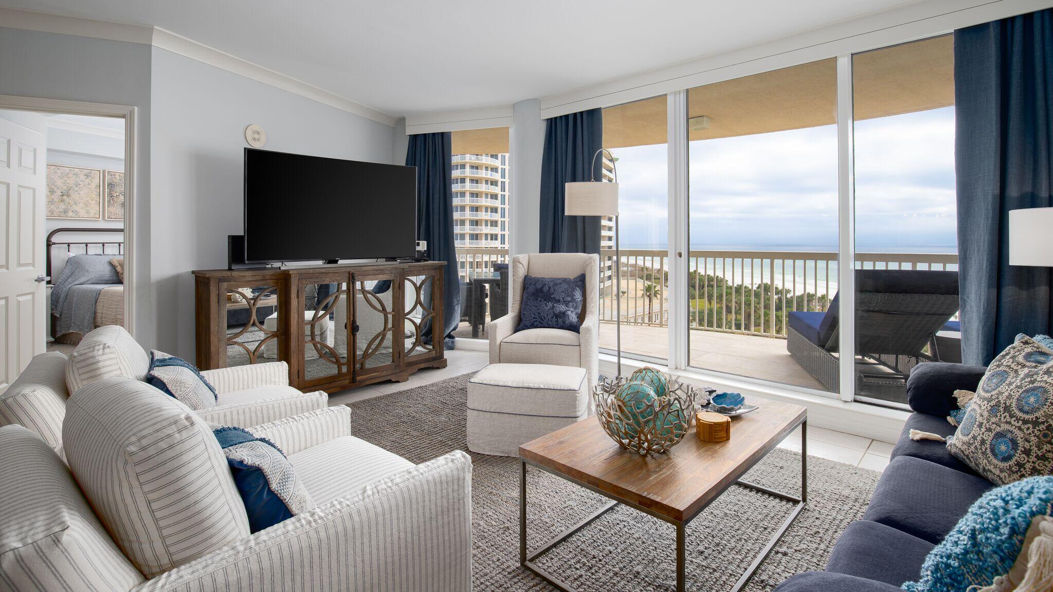 Walking into this spectacular condo from the private elevator, you are immersed in the wall to wall stunning Gulf views and the beautiful beach chic décor.  Location is everything, not only is this a perfect home away from home, but a great investment property. You can vacation lavishly and make money on this investment all in the same year! This condo is on Beyond Blue Vacation's short term rental program and is a revenue generating machine.  This property  comes fully furnished, and has a designated parking space in the garage.