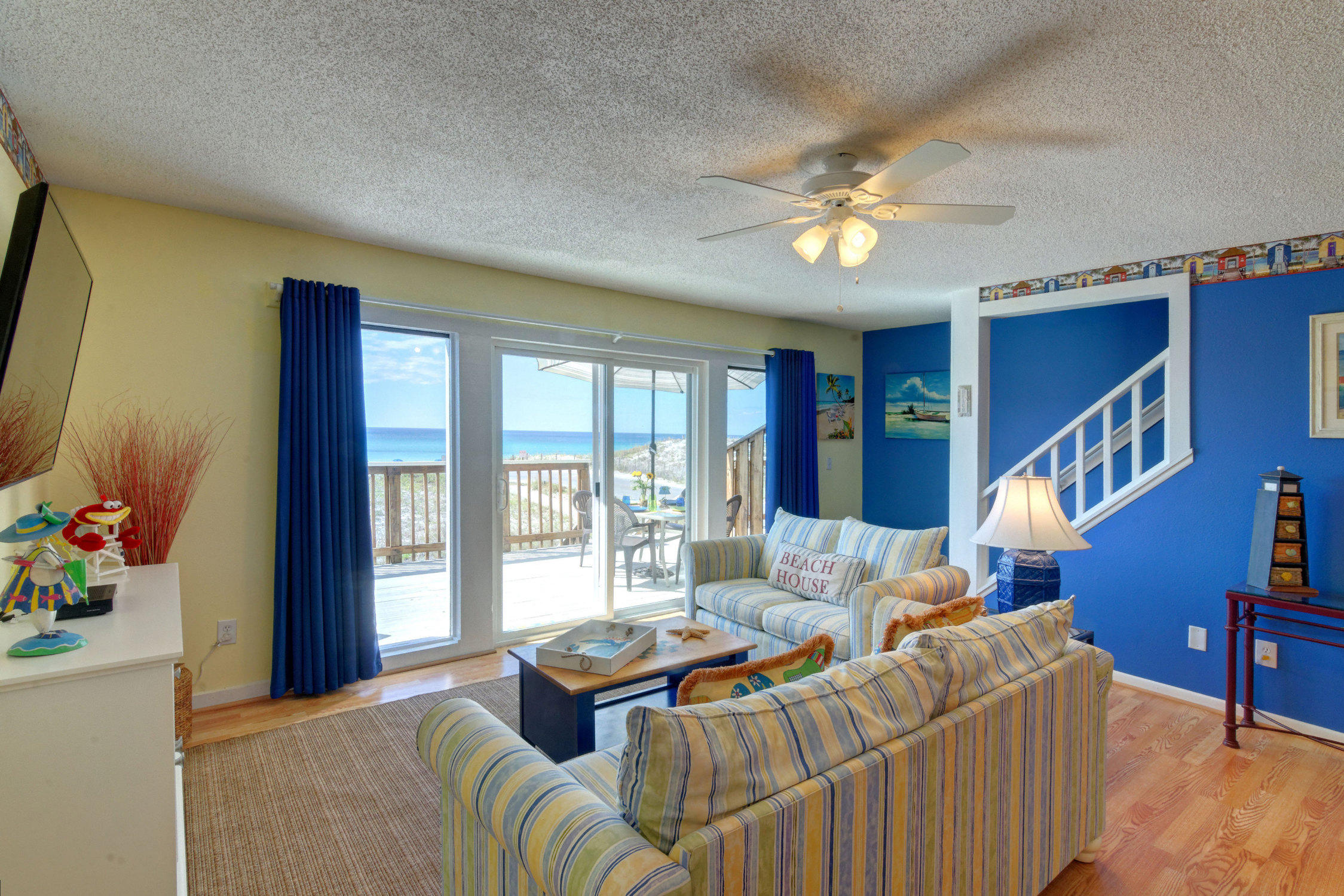 Small complex, Big views from this 2Br/2.5Ba townhome in Seagrove Beach. Whether you want a rental property or a second home you'll be happy in this townhouse with a large deck on the main level and a balcony outside your master bedroom door. Light laminate wood floors downstairs and carpet upstairs make this a cozy beach getaway. Come in through the private entrance out of the weather, up the front stairs or head down to the beach less than 200 feet away from your back deck. This beachy townhouse comes fully furnished and rental ready. New HVAC April 2016.