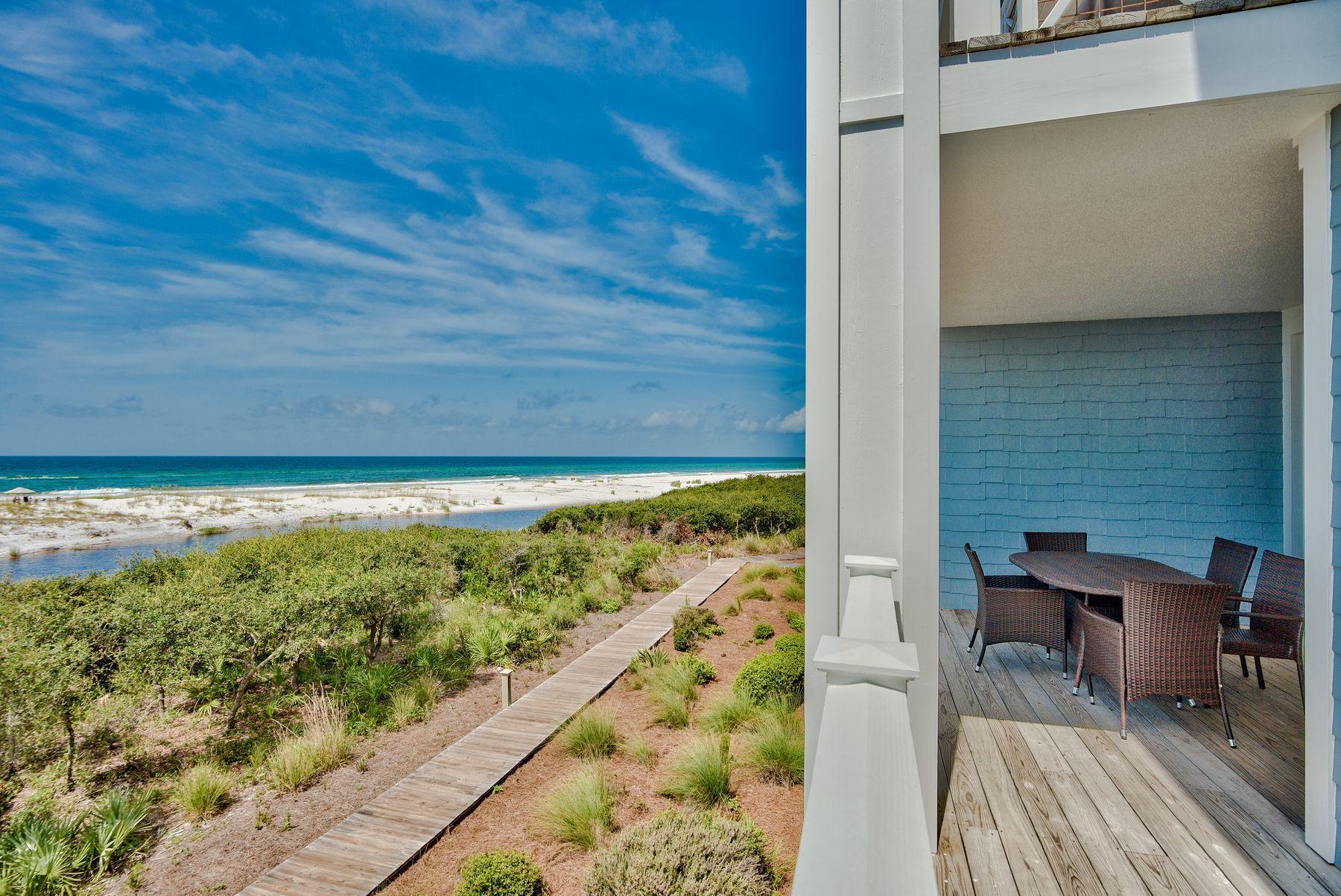 For buyers seeking a slice of heaven on earth fronting the Gulf of Mexico, this enchanting condo presents a whole new concept in low maintenance, high quality gulf-front living. The low sand dunes and sparkling gulf water views are as spectacular from this ground level unit as anything higher, and you experience the shortest boardwalk stroll to the beach. Superior craftsmanship includes reclaimed, heart-of-pine wood floors, white railings and staircase, a coastal color scheme and crown molding all highlighted by high-end Restoration Hardware furnishings. The open breakfast bar looks into a stunning kitchen with granite counters, stainless steel appliances and a coveted Viking gas range. The living and dining areas flow seamlessly to tall windows and French doors framing the glorious view. The master bedroom opens to a private deck, and its bathroom offers a jetted tub, oversized tile and glass shower and double vanity. A dedicated laundry room with two washer and dryer sets, newly added bunk room and private elevator add to the convenience of choosing this condo. This WaterSound Crossings condo may be the finest location for first floor luxury living in a picturesque natural environment with an incredibly scenic view. Now may be your time to move from ordinary to extraordinary by making this three-bedroom, three-bath condo your special vacation retreat or full-time residence at the beach.