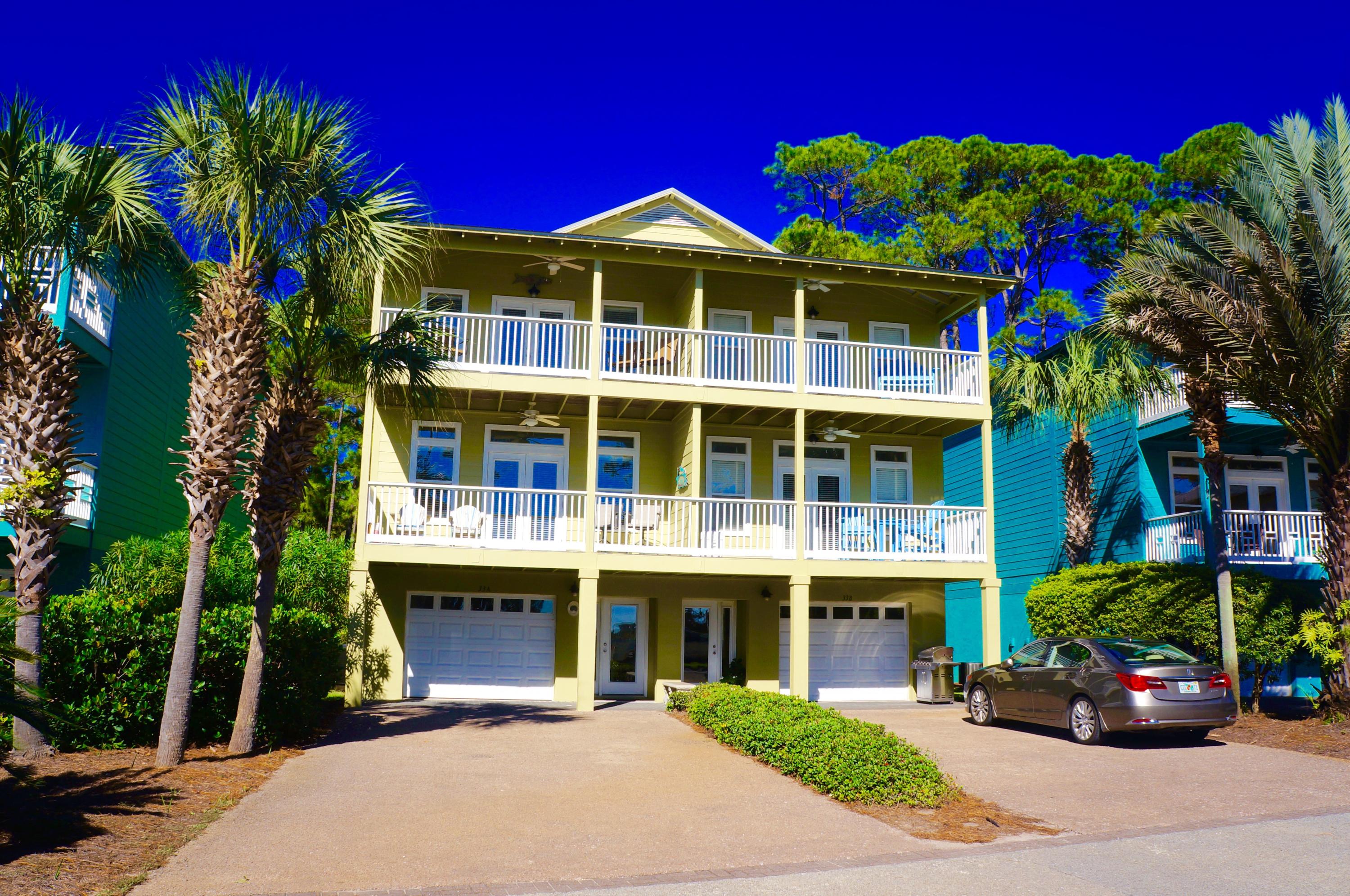 Dune Breeze villas is a beach Oasis perfectly situated on a rare coastal Dune Lake called Oyster lake. This spacious unit is sold completely furnished and has been finished out with a mother-in law suit on the first floor that can be completely closed off. On the second floor you are greeted with a large kitchen, island, custom cabinetry, crown molding, guest bedroom, and open living/dining area with views over oyster lake and the Gulf of Mexico. The master is located on the third floor and is accented with a large private 320 SQ ft covered balcony with stunning views of Oyster lake and the Gulf of Mexico. The Master Suite also includes a double vanity, jetted tub, and separate shower.
This unit has great rental income potential or perfect for your main home. Dune Breeze is just a short rwalk or bike ride from Gulf Place, Shopping,fine dining and the sugar white beaches and emerald green waters of the Gulf of Mexico. Buyer to verify all dimensions.