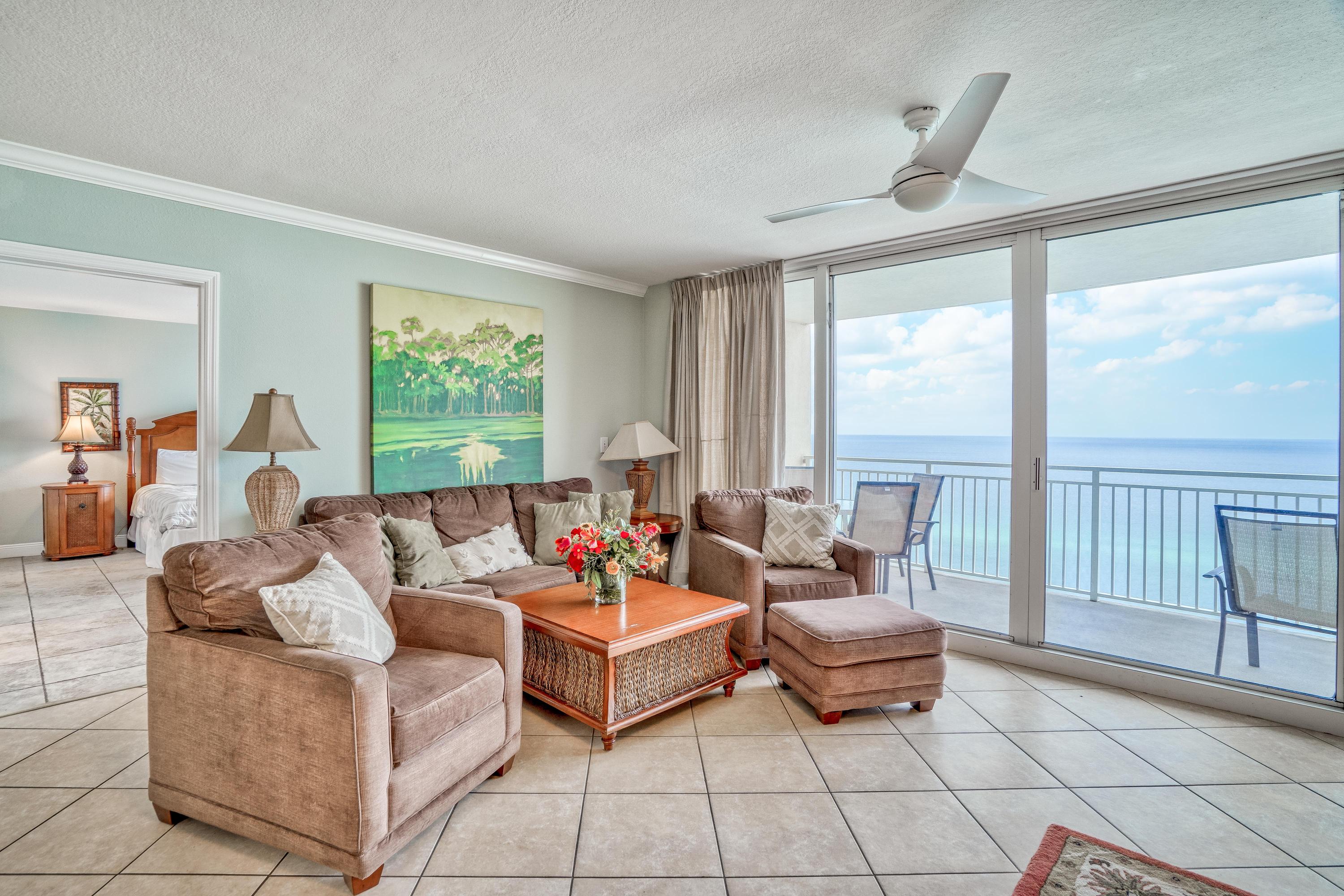 Emerald Beach Resort 1633 is one of the largest beach front 3 bedroom floor plans that you will find on the west end of Panama City Beach. This Gulf front 1780 SF condo offers 3 full bedrooms, hall bunks and a sleeper sofa sleeping 10 comfortably. Emerald Beach Resort 1633 features a beach front master bedroom with direct access to the balcony, a large master bathroom with a separate shower and a double vanity, granite countertops in the kitchen, stainless appliances, large bedrooms and no carpet through out the condo! Emerald Beach Resort is one of the cleanest, well built buildings on the beach! You will notice a difference between this building and others when you want in the door. Emerald Beach Resort is known for their amenities such as two swimming pools, tiki bar, Sky Bar, a huge fitness center, garage, a store and Starbucks! The sparkling beach is just steps from this condo, allowing you to easily splash in the Gulf waves, build sandcastles, and watch for dolphins in the surf. When you're not relaxing on the sand, you'll find a wealth of renowned attractions in every direction. Within a two-mile drive up the coast, you'll find fun-filled wildlife shows at Gulf World and some of the region's best shopping, dining, and entertainment at Pier Park. Just down the coast are Shipwreck Island Waterpark, WonderWorks, ZooWorld, and so much more for all sorts of fun for the whole family. *** Please check out unit 1634 which is next door, the same floor plan and also for sale.***