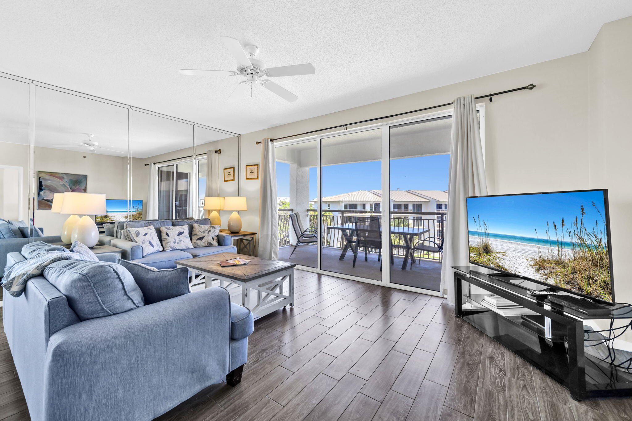 Welcome to unit 431, a beautifully laid out TOP floor CORNER location at the exclusive High Pointe Resort in Seacrest Beach. This 3-bedroom, 3-bath condo offers breathtaking panoramic views of the Gulf of Mexico and a prime position between Rosemary Beach and Alys Beach on scenic 30A. Step inside to find an open-concept living space with floor-to-ceiling windows, allowing natural light to pour in and highlight the tasteful coastal décor. The kitchen is equipped with white countertops, white appliances, and a spacious breakfast bar—perfect for entertaining. The primary suite features a king bed, private balcony access, and a spa-like ensuite with a walk-in shower. The second bedroom comfortably accommodates guests or family, with access to a full bath, and another PRIVATE balcony. Finally, the third bedroom features two queen beds and an ensuite bathroom with a shower/tub combo. High Pointe Resort offers resort-style amenities, including a lagoon-style pool with waterfalls, hot tub, tennis courts, seasonal beach service, and an on-site beachside restaurant, Crabby Steve's. Direct beach access and lush tropical landscaping make this gated community a true oasis. Whether you're looking for a serene vacation getaway, a high-performing rental, or a permanent residence on 30A, High Pointe 431 is a rare opportunity to own a slice of paradise.