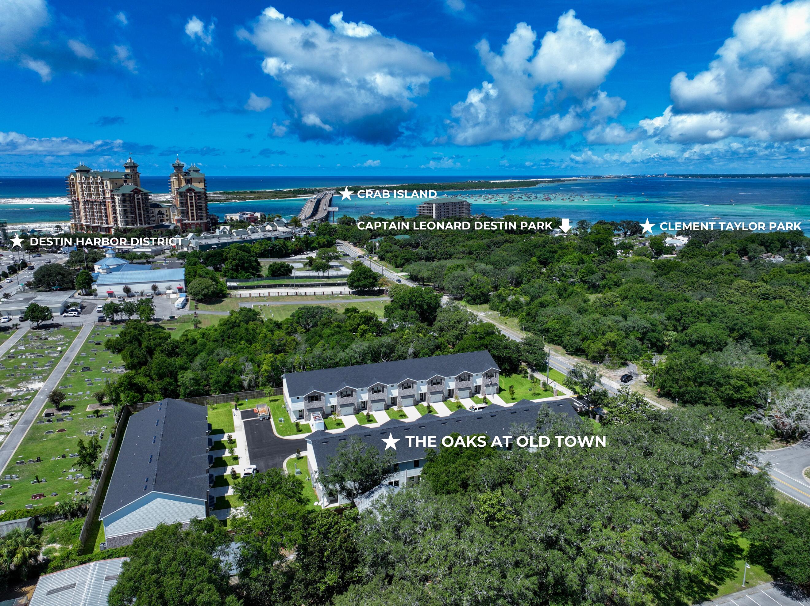 Welcome to The Oaks, a charming neighborhood nestled in the heart of Destin, FL. Perfectly positioned near the picturesque Destin Harbor, The Oaks offers unparalleled access to two of Destin's hidden gems: Captain Leonard Destin Park and Clement Taylor Park. These serene bayfront parks provide a tranquil retreat with stunning waterfront views, lush greenery, and recreational activities just steps from your front door. The townhomes at The Oaks boast an expansive 1,962 square foot floor plan, thoughtfully designed with 3 spacious bedrooms and 2 ½ luxurious baths. Each home is meticulously crafted with high-end finishes and modern amenities, including: Double Stacked Kitchen Cabinets, Calacatta Laza Quartz Countertops Throughout, Large Kitchen Island with Breakfast Bar,