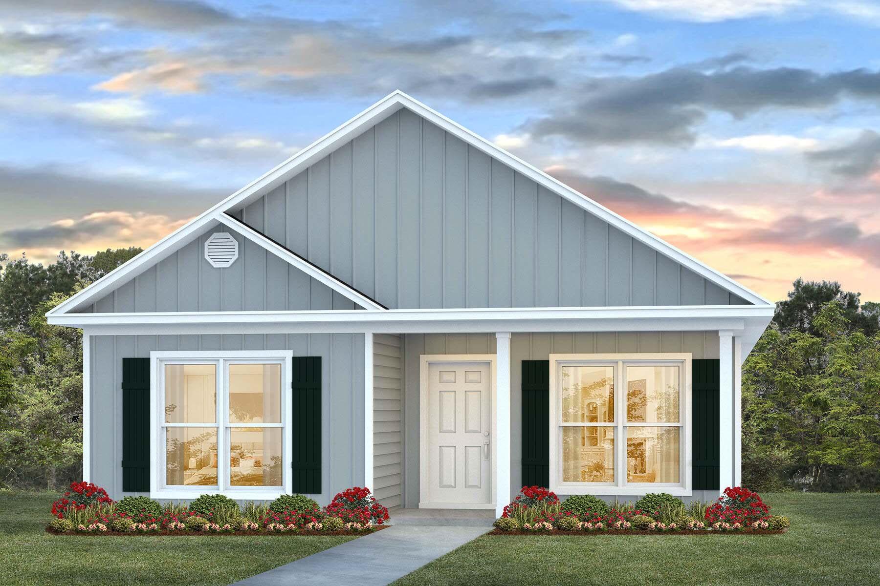 The Owl's Head community is conveniently located off of Highway 331 in Freeport.  We are only 8 miles to Interstate 10, and 16 miles to beautiful beaches and Highway 30 A.  We offer 6 floor plans, 3 and 4 bedrooms.  All homes have rear entry garages.  This community offers a community area with paved walking trails and a spring fed lake. | The Porter plan is an open floor plan with 3 Bedrooms, and 2 bathrooms. It has a covered front porch. The primary bathroom has a separate shower and large soaking tub.