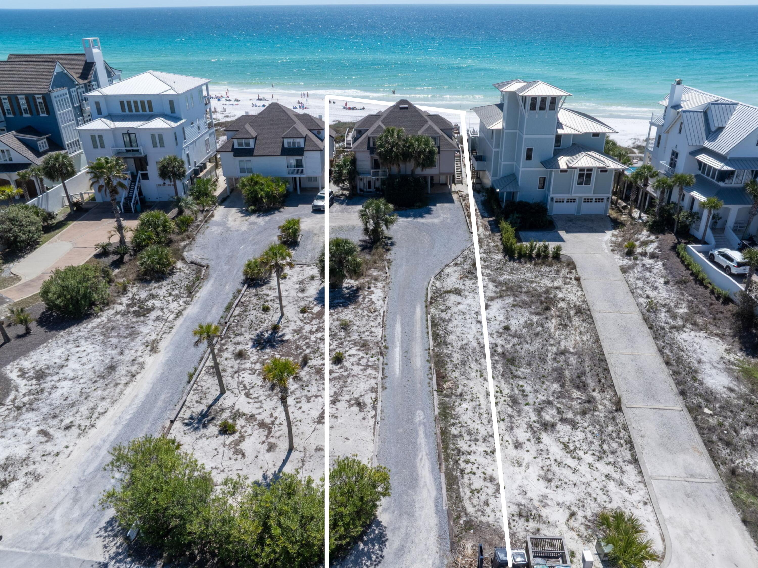 Gulf-front 3-bed / 3.5-bath home on 30' of frontage with ~496' of depth, offering both Gulf and coastal dune lake views across from Eastern Lake. 

Inverted floor plan: second floor features an open living area, updated kitchen, and primary suite; large covered porch leads to the beach via boardwalk. Ground floor offers a second living area, bedroom, full bath, and laundry. Third floor has two additional bedrooms with renovated en suite baths. Outdoor shower included. New roof 2021. Eastern Lake access steps away; boat ramp ~1 mile south of 30A.