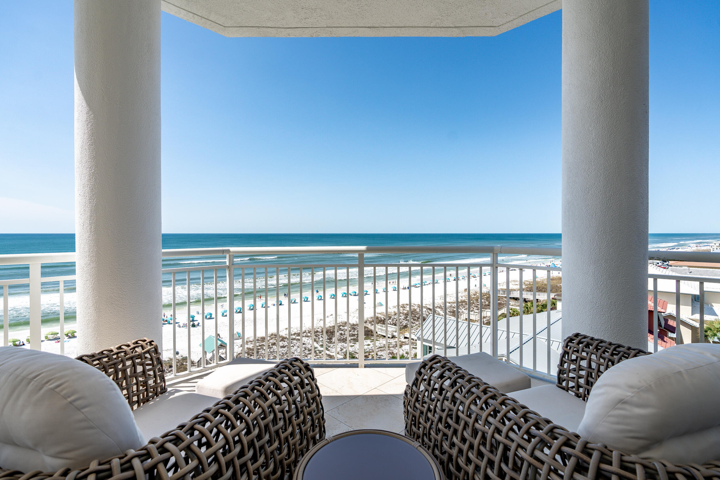 Exceptional gulf front living at Grand Villas, a private non-rental gated community within Hidden Dunes in Miramar Beach. Coveted western-facing end unit ensures the ultimate in privacy with forever sunset views. Secluded outdoor entry leads into the light filled foyer opening to the floor to ceiling walls of glass viewing the sea, sunrise and sunset.  Grand spacious rooms. Nicely equipped kitchen with window at sink, pantry and breakfast bar. Expansive covered wrap around balcony accessible from master and family room with gas grill. Gulfside master suite with 2 huge closets and spa inspired bathroom.  Rear wing with three additional spacious guest bedrooms all with full baths, walk in closets and outstanding views. Grand Villa is gated and has a private pool, gym, garage & beach access. Enjoy your gated beach walkover, exclusive beachside pool and spa, outdoor entertainment area. Indoors on main level is the owners club with gym, card room, TV and lounge room. Two floors of garage parking and two elevators. Hidden Dunes complex situated on  27 acres features a professional tennis and pickleball complex, lighted basketball court, playground, dog park, horseshoe pits and 24 hour security, all South of Hwy 98 directly on over 500 Feet of White Sandy beach. Exterior of building is undergoing all necessary repairs including repainting of entire building, replacing master bedroom windows; list of upgrades can be supplied by HOA. All costs paid in full by seller.