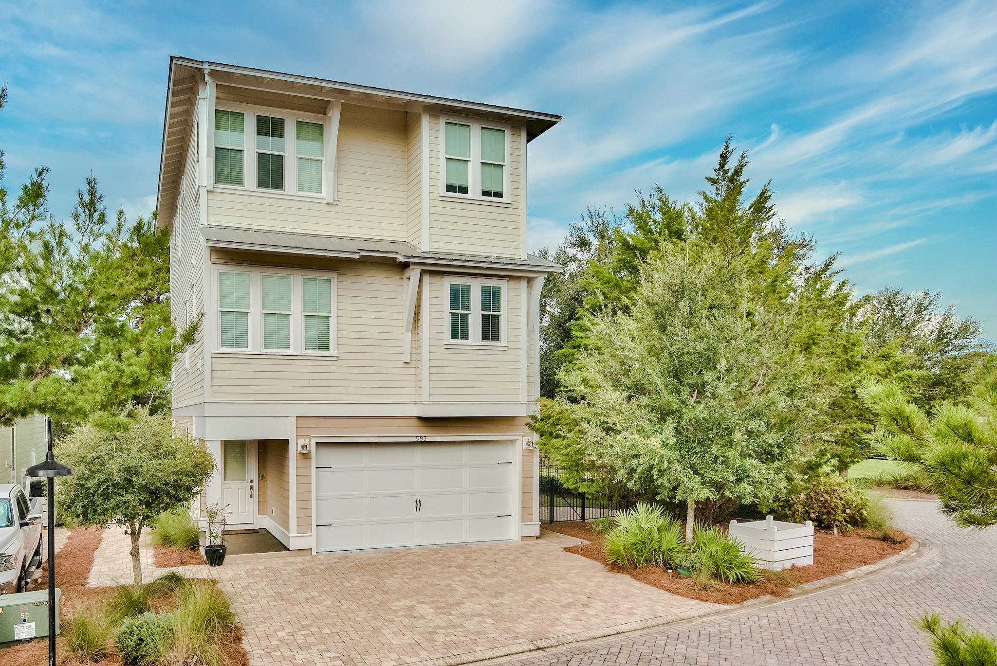 This Beautiful Pristine Beach House w/3 Custom Finished Levels & an Elevator was THE MODEL HOME at Highland Parks. Immaculate and MOVE-IN READY! Home has never been rented and has all the bells and whistles. Open Floor Plan with Grand Living Area, Stunning Millwork, 4 bdrms, 3.5 baths, 2-car garage, and a Huge Recreation Room that can be used for 4th Bedroom, Bunk Room or Guest Suite, plumbed for 2nd kitchen. Gourmet Kitchen w/Island, Custom Tile Backsplash, Granite Countertops, Gas Cooktop, Microwave/Convection Oven, Refrigerator. Laundry Room off the Kitchen w/Washer/Dryer & Shelving. Dining Area Seats 12. Large Level Corner Lot complete with expansive outdoor space, patios, porches, an orchard, and fenced sodded yard. Home is being sold unfurnished, but some furnishings are available to purchase. Luxurious Master Suite with stunning views; Walk In Double Closets, Two Additional Guest Rooms with Full Bath on 3rd Level. Full Bath on First Level to serve Bonus Area/4th Bedroom. Highland Park Amenities include Resort-Style Pool, Pavillion, Lookout Tower, Hot Tub, Gas Fire Pit and Loungers.
