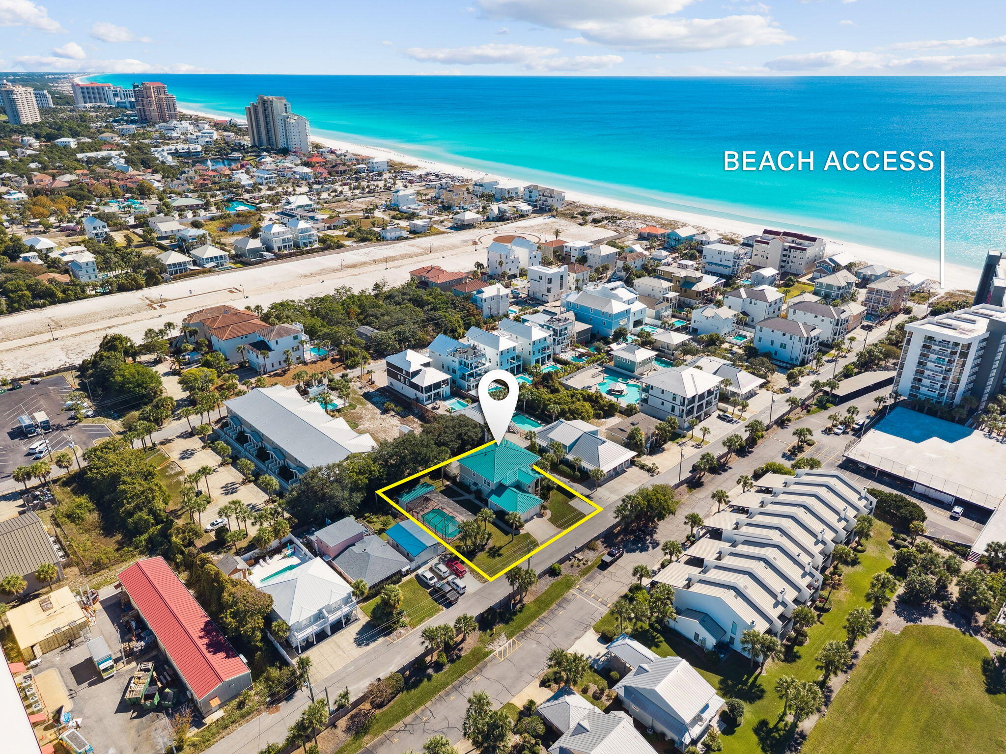 A rare opportunity to own a spectacular double lot in the heart of Miramar Beach. With two adjoining parcels, the property offers room to expand or build a second residence for guests, rental income, or future investment. Sitting approximately 32 feet above sea level, this elevated, private homesite features a custom, two-level, steel-constructed home in a gated community with deeded beach access. Inside are 5 bedrooms (including two primary suites), 4.5 baths, generous storage, an elevator, and both an upstairs full kitchen and a second kitchen on the lower level. Notable highlights include a fireplace in the upstairs primary suite, abundant natural light from expansive windows, a two car garage with a golf cart bay, and multiple outdoor living spaces, including a screened-in upper patio perfect for enjoying coastal breezes. Outside, the pool and cabana feature a kitchen, bathroom, and outdoor shower, ideal for entertaining, with irrigation systems on both lots adding everyday convenience. Ideally located near restaurants, grocery stores, and world-class shopping, this home blends comfort, coastal living, and unmatched accessibility.
