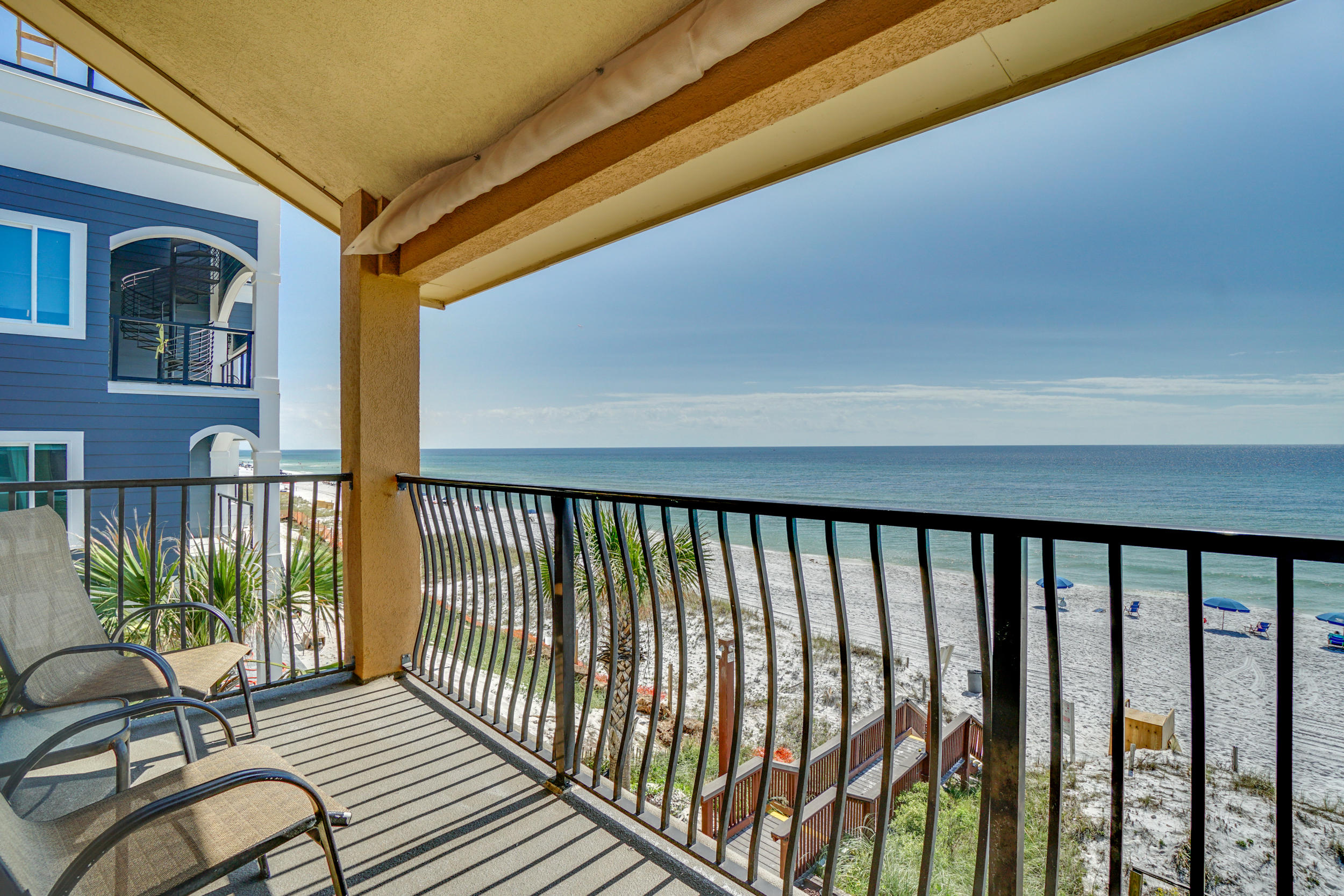 A SIDE location, luxe renovated 2 bedroom + loft bedroom + bunks condo that sleeps 12 at the low density Coral Reef Club - nestled in on the quaint area of Crystal Beach with easy access to the best restaurants, coffee shops, bike rentals and much more along Scenic 98. This renovated condo has beautiful views (inc. extra side windows!) of the Gulf of Mexico and conveys beautifully updated and furnished with a seasoned rental history - decorated with the sun and beach in mind. Easily sleeps 12 with a king sized master suite, queen sized loft bedroom, 2 queens in separate loft bedroom, sofa sleeper and hallway bunks. Upgrades include wood laminate flooring, gourmet kitchen with wood cabinetry, stone counters and stainless steel appliances, updated bathrooms and beautiful coastal furnishings. Coral Reef Club is a private beachfront low density condominium that sits on a prime location nestled directly east of Henderson Park Inn. The property sits on 300 feet of private white sandy beach and 3 private beach accesses span the property with dune walkover for owners and guests. The complex also features a seasonally heated swimming pool, Gulf front grilling area, shuffleboard, and on-site management office.