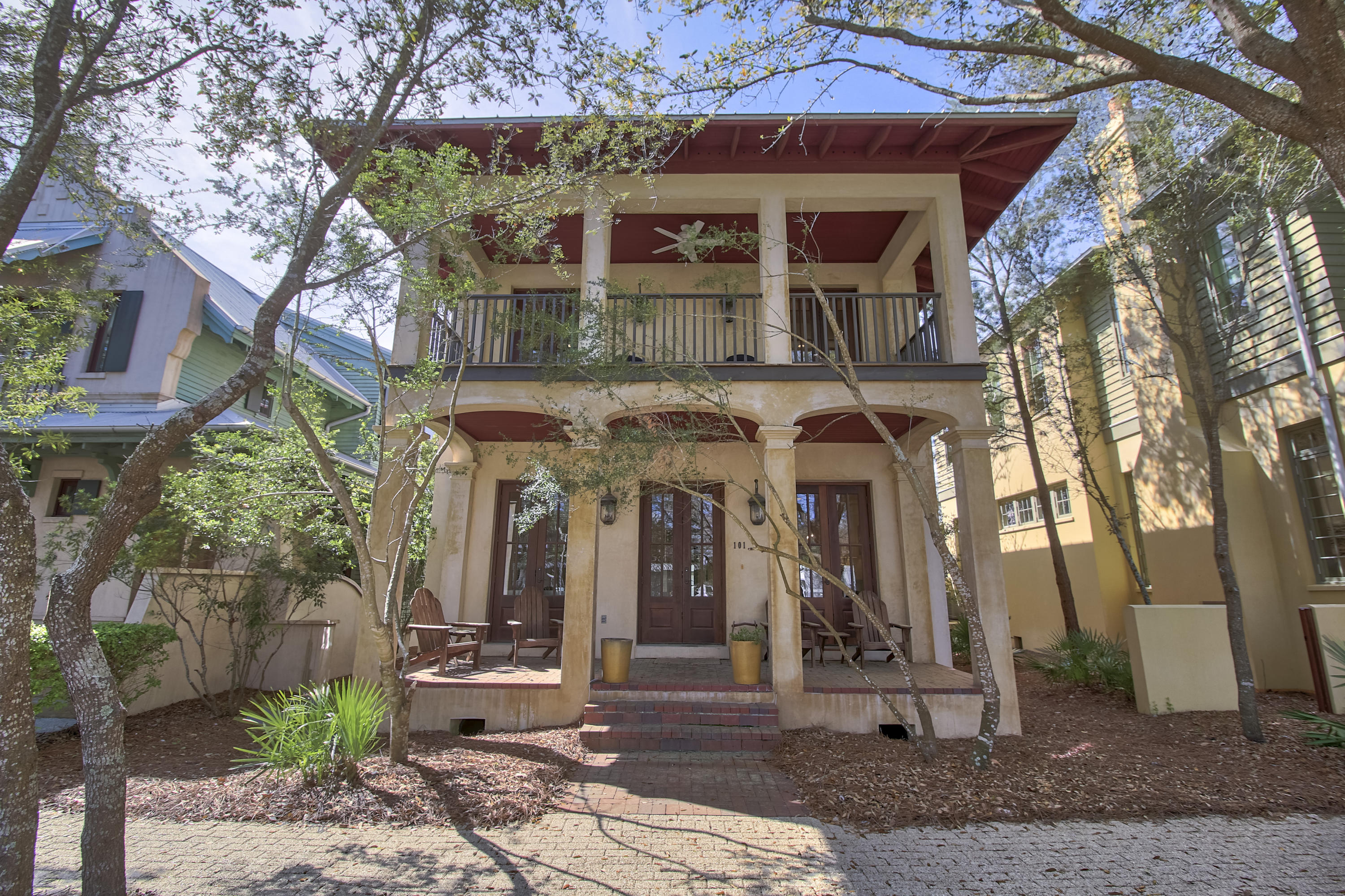 This all block constructed home on the Parkside in coveted Rosemary Beach features an open floor plan and overlooks Bridgetown Park. Brazilian walnut floors are found throughout this three bedroom home creating a refined yet casual, relaxed atmosphere. The third bedroom, located on the first floor, is currently begin used as a media room and has large built-in cabinets and drawers. In addition to 2 bedrooms with full baths, the second floor offers custom built-in bunk beds in the hallway. The kitchen boasts top of the line stainless steel appliances with granite countertops and custom cabinetry and a breakfast bar for additional seating. Enjoy summer evenings on the 700 sq.ft. of covered porches. This home comes furnished with some exclusion of artwork and personal items. Just a short walk to Cabana Pool, town center and the beach, schedule your viewing today! This opportunity will not last long! All information contained within deemed accurate, buyer to verify.