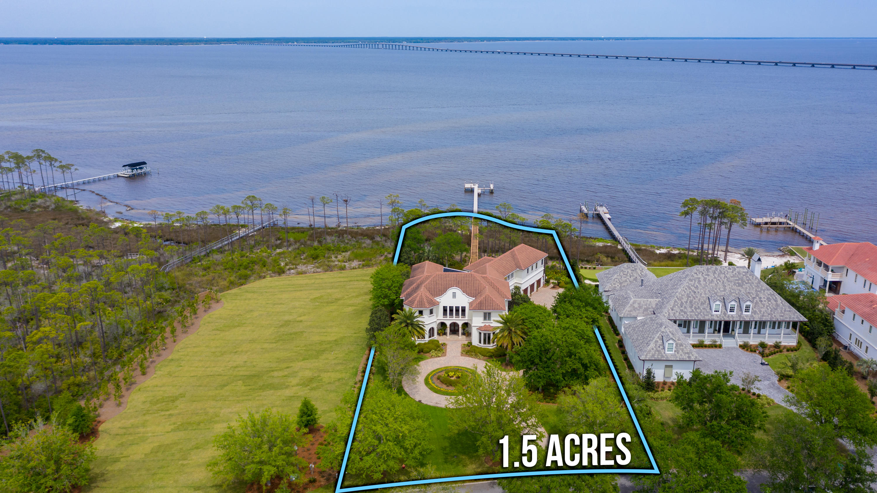 Bay Front Estate rare opportunity Exclusive Gated Community of Waterford with only 12 property owners with 1+ acres each, all waterfront properties, inside the Gated community of Kelly Plantation in the Heart of Destin. The Mediterranean estate, situated on one of 11 Bayfront Waterford lots is a Great property to entertain with 15+ parking. Enjoy amazing views each day including nice eastern views, tranquil morning sunrises & sunset reflections of the Choctawhatchee Bay & Mid Bay bridge. ~8000sqft home sits on over 1.5 acres including 154 ft of waterfront-~350' dock. Spacious landscaping includes a meandering paver driveway with a complete circle leading to the home's grand entrance at the front of the estate. Outdoor screened living area with Zero Entry Pool, fireplace, built in large grill, dining area & lounging areas. 3 oversized garages are at the back of the home. The Thruflow dock and 15 ft wide boat slip will accommodate a large boat. Enter the grand entrance and step into the foyer overlooking the Bay. Enter the grand entrance and step into the foyer overlooking the Bay. Like most rooms in the home, you are surrounded by elegance: a formal living room and to the side, several areas to entertain - the buffet area, the kitchen with elegant stone counters, Miele Fridge, high-end Thermador appliances, spacious walk in pantry, wine room, and an elegant dining room that reflects a formal feel with it's Venetian Plaster Walls and large crystal chandelier. The gas fireplace with defined architecture carries a Moroccan /Greek flare of true clean curved lines in the formal living area with 24 ' ceilings. The spacious layout boasts privacy with many guests. The Master Suite has it's own two story library with a 28' cathedral ceiling, a luxurious bath, with garden tub, walk in shower, 2 vanities, his and her walk-in closets and 2 water closets. Enjoy sunsets and sunrises from the lovely master bedroom that overlooks the pool and Bay. 5 additional Guest Bedrooms can accommodate family & friends. Two large living areas: one to serve the downstairs family & guests and one to serve guest upstairs. Access the upstairs by an interior stairway, or simply use the large elevator by the Master Suite. An exterior stairway is also offered and can serve the Guest Quarters/Suite, at the northeastern corner of the estate, with its own full kitchen and large separate living area & Bath. The home has many more features including travertine floors on the 1st level, hardwood floors on the 2nd level, Knotty Alder Wood Doors throughout and exquisite lighting fixtures. You must see this home to truly appreciate it. Residents of Waterford enjoy Kelly Plantation amenities which include Owner's Club, Fitness Center, Clubhouse, Restaurant with fine dining, Fred Couples Signature Championship Golf Course, 5 tennis courts, Community pool, biking & walking paths, dog park, nature trails, basketball court & playground, Activities director & so much more. Waterford Community is a great location and convenient to shopping, dining, golf, movies, Spas and less than a mile from the beautiful white beaches & Gulf. Isn't it time you started enjoying your life on the Bay.
(Buyer to verify all data, details, dimensions and information important to them.)
