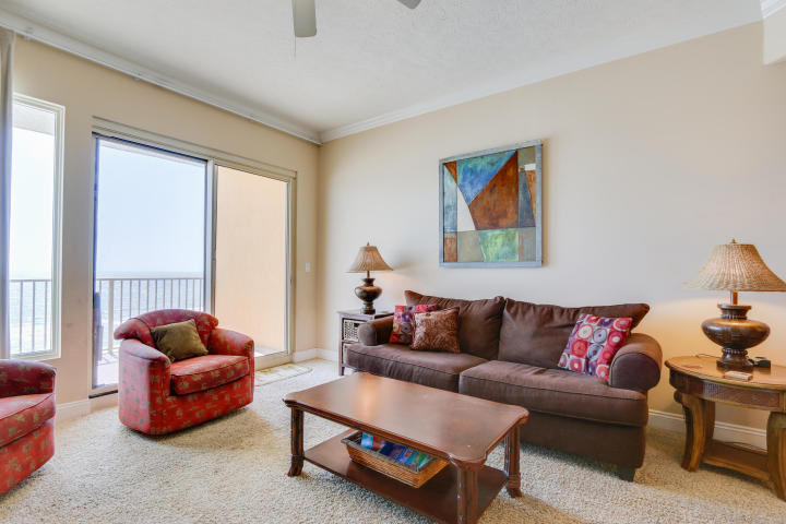 If you are looking for a one of a kind property and a terrific investment, look no further! This highly sought After, 2 Bed/2 Bath condo on the 4th floor of Treasure Island and has one of, if not the BEST VIEWS on Panama City Beach! Enjoy sunrise views in the morning and Sunset views in the evening! The layout of this over-sized condo's interior is superb for entertaining, offering vaulted 10' ceilings through-out and an excess of space and features, including slab granite counter tops, granite back-splash and sleek GE appliances in the gourmet kitchen, large bathrooms fitted with cultured marble vanity tops, and beautiful decorator appointed furnishings. Unit is rental ready and well maintained. THIS UNIT IS ON THE 4th FLOOR OF THE DEVELOPMENT, THE SAME FLOOR AS THE PARKING GARAGE ACCESS,