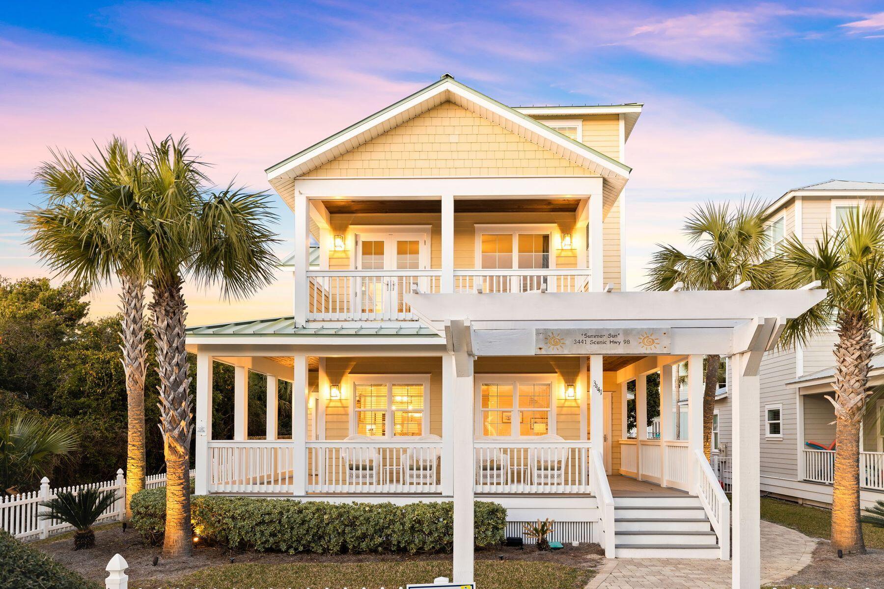 Just steps from the beach, this updated beach house offers breathtaking Gulf views and ample amenities for a perfect beach getaway.
Nestled within the quaint seaside community of Crystal Beach, this charming home welcomes you with its white picket fence and three levels of covered porches, providing idyllic spaces for serene relaxation and outdoor living. Adorned with lush landscaping, the front porch invites you to savor your morning coffee or sip cocktails at sunset while soaking in the coastal ambiance.
Step inside to discover a light-filled and spacious interior, featuring a generous sitting room and a cozy sectional sofa ideal for social gatherings or laid-back TV nights. The dining table comfortably accommodates 10 guests, complemented by a well-appointed open kitchen boasting quality stainless steel appliances, granite countertops, and a mosaic tile backsplash. Additional seating is available at the granite-covered island and entry bar for entertaining extra guests.
Venture outside to the paved terrace and discover the kidney-shaped pool with a cascading waterfall, offering hours of refreshing fun under the sun. At night, the pool comes alive with multiple lights, creating a magical atmosphere for evening swims and outdoor gatherings. An arbor and palm trees create a tranquil setting for al fresco dining steps away from the grilling area within the fenced retreat.
Ascend to the third-floor tower and behold the stunning Gulf of Mexico views from the open viewing platform, where a bonus bunk bed awaits young adventurers. The first-floor primary suite offers convenience and privacy with its own bathroom and TV, while a bunk room for four provides cozy accommodations with a private bathroom.
The second floor features another primary suite with a private balcony and luxurious ensuite bathroom boasting a deep spa tub. An additional bunk room and a guest bedroom with two queen beds share another bathroom, ensuring comfort for all guests.
Recent upgrades include a new pool heater, radiant barrier installation, and remodeled bathrooms, enhancing the home's appeal and functionality. Enjoy easy access to Destin's attractions, including boat trips, fishing charters, and exceptional dining and shopping options.
Don't miss your chance to experience coastal living at its finest in this exquisite Crystal Beach retreat!