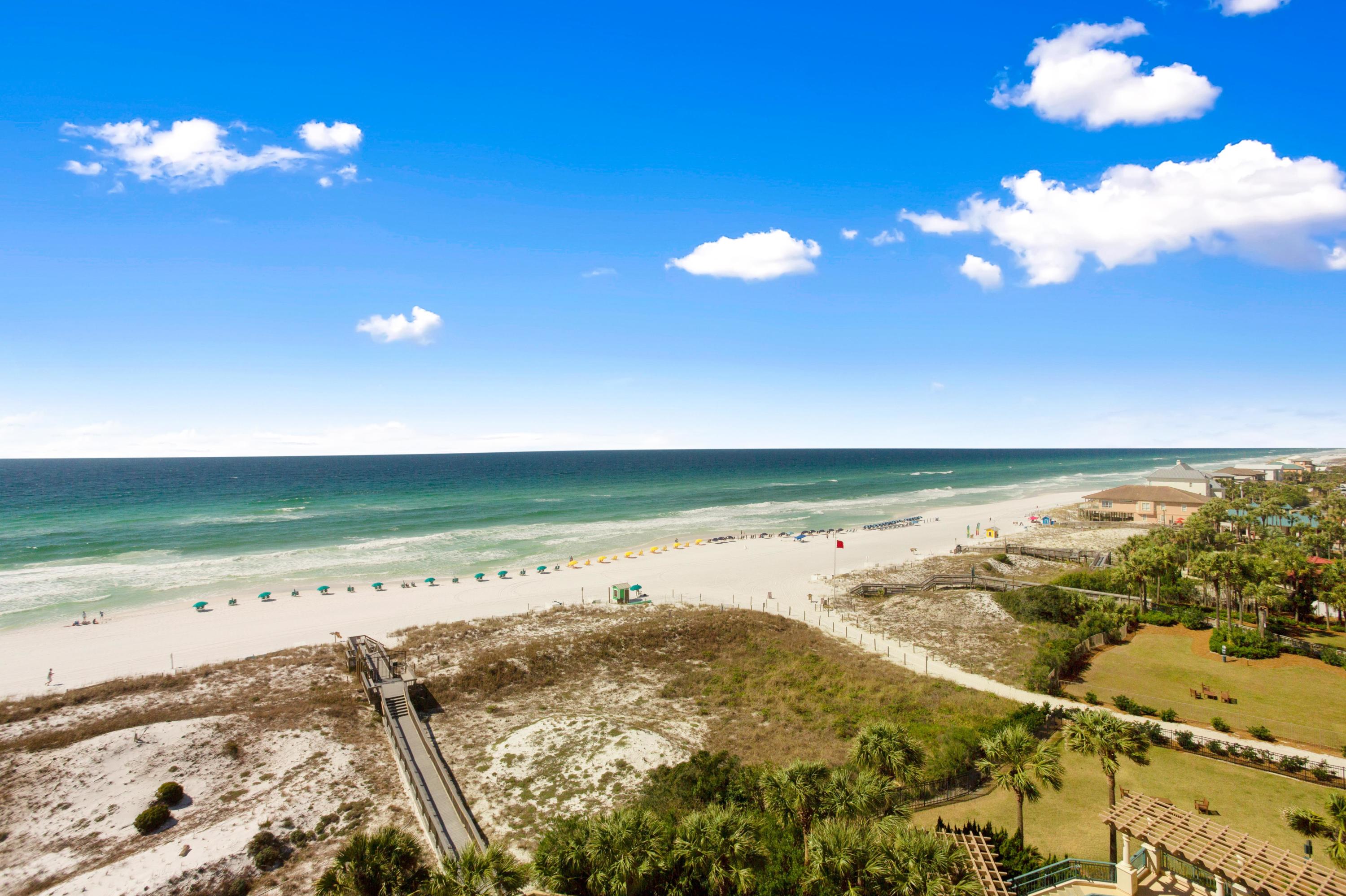 Spectacular sunsets await in this 8th floor, west-facing, condominium home. Located in the private rental-restricted building of Southwinds I, this large, end-unit floor plan offers spacious gulf-front living with breathtaking views from the living room, dining, kitchen and master bedroom. The open-concept kitchen has stainless steel appliances, breakfast bar and ice maker. The living and dining areas boast a wall of windows designed to maximize the view. A unique feature of this unit is the curved balcony that affords the homeowner additional space to relax and enjoy the beauty of the sugar white sands and sparking waters of the Gulf of Mexico. A generously sized master bedroom with ensuite bath, as well as two additional bedrooms, each with their own private baths, offer ample space for friends and family.  Schedule your private tour today. 
As an introduction to the Sandestin lifestyle, we invite our new owners to explore amenities that make Sandestin special. The listing brokerage and seller(s) are presenting the buyer(s) of this property with (2) 90-minute rounds of Tennis court time, a golf foursome at one of our three championship courses, and a round of golf for up to four (4) players at the unrivaled Burnt Pine Golf Club.
Sandestin Golf and Beach Resort is a major destination for all seasons and all ages, and has been named the #1 resort on Florida's Emerald Coast. This magical resort spanning over 2,000 acres is comprised of over 70 unique neighborhoods of condominiums, villas, town homes, and estates. The resort features miles of sandy white beaches and pristine bay front, four championship golf courses, a world-class tennis center with 15 courts, 4 resort swimming pools (and 15 private neighborhood pools), a 123-slip marina, a fully equipped and professionally staffed fitness center and spa, meeting spaces and The Village of Baytowne Wharf, a charming pedestrian village with events, shopping, dining, family entertainment and nightlife. For true golf cart community living, Grand Boulevard is just outside the resort gates and provides access to additional shopping, dining and entertainment  all without traveling on Hwy. 98. Come to Play, Stay for Life!