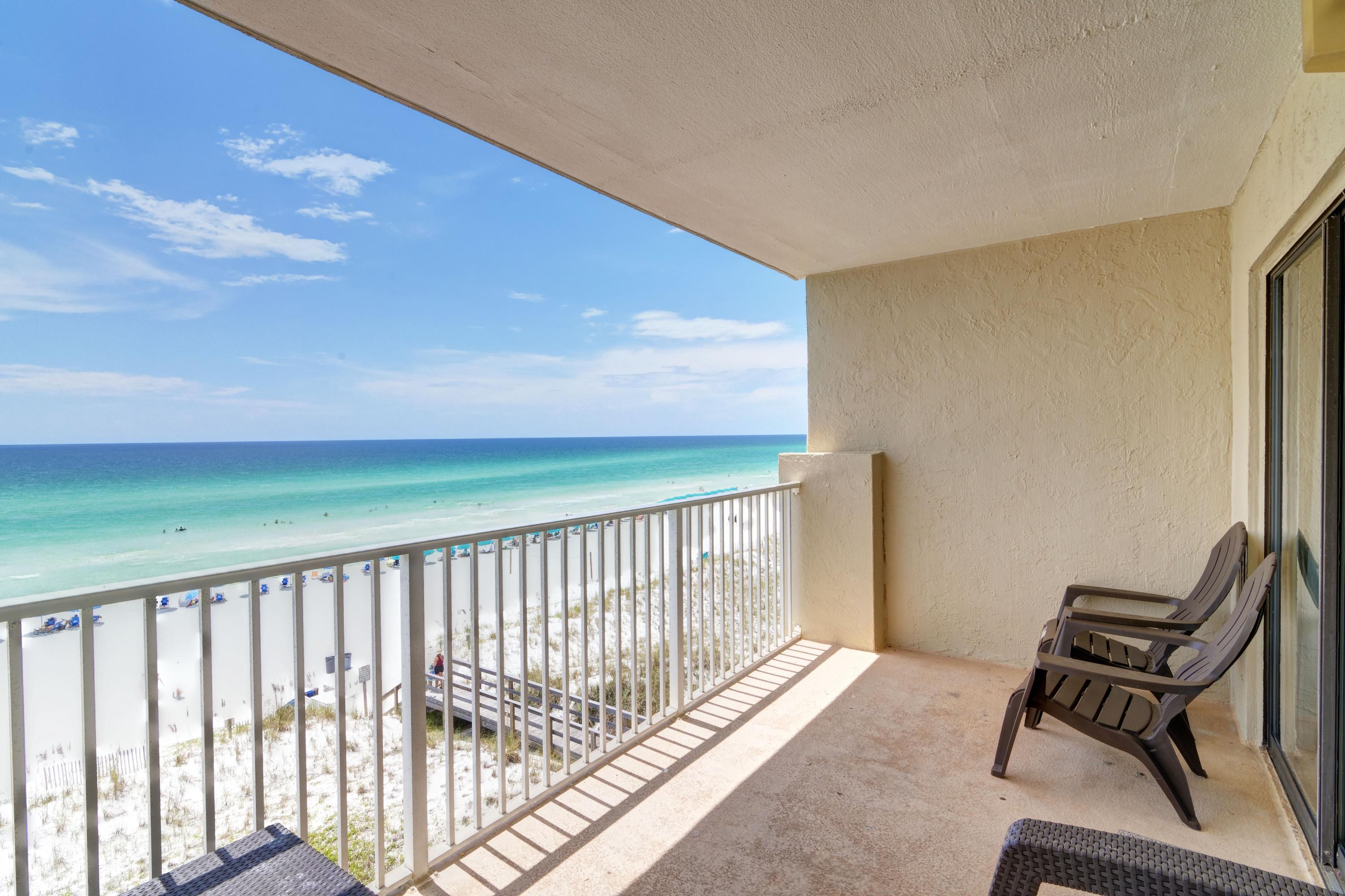 Paradise awaits!! Welcome to this spacious 1 bedroom, 2 bath directly gulf front condo in a low density property where you can enjoy the best view on Okaloosa Island as you lounge by the community's ROOF TOP POOL! Currently a well producing professionally managed vacation rental, this condo is being sold fully furnished and comfortably sleeps four with a king sized bed and a queen sleeper sofa. The nice sized kitchen features a fun pop of color and is open to the extremely spacious living room facing the stunning unobstructed views of the Gulf of Mexico! Have peace of mind with a HVAC and water heater both replaced in 2016. HOA fees include: water, sewer, trash, internet, and amenities. Gross rental history and cost to own available.