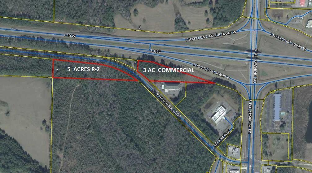 Inputted in MLS for comp purposes only.
the 3 acre +- portion of the subject property that sits N of Coy Burgess Loop is zoned Commercial. The southern 5 acres +- sitting south of Coy Burgess Loop is zoned R2