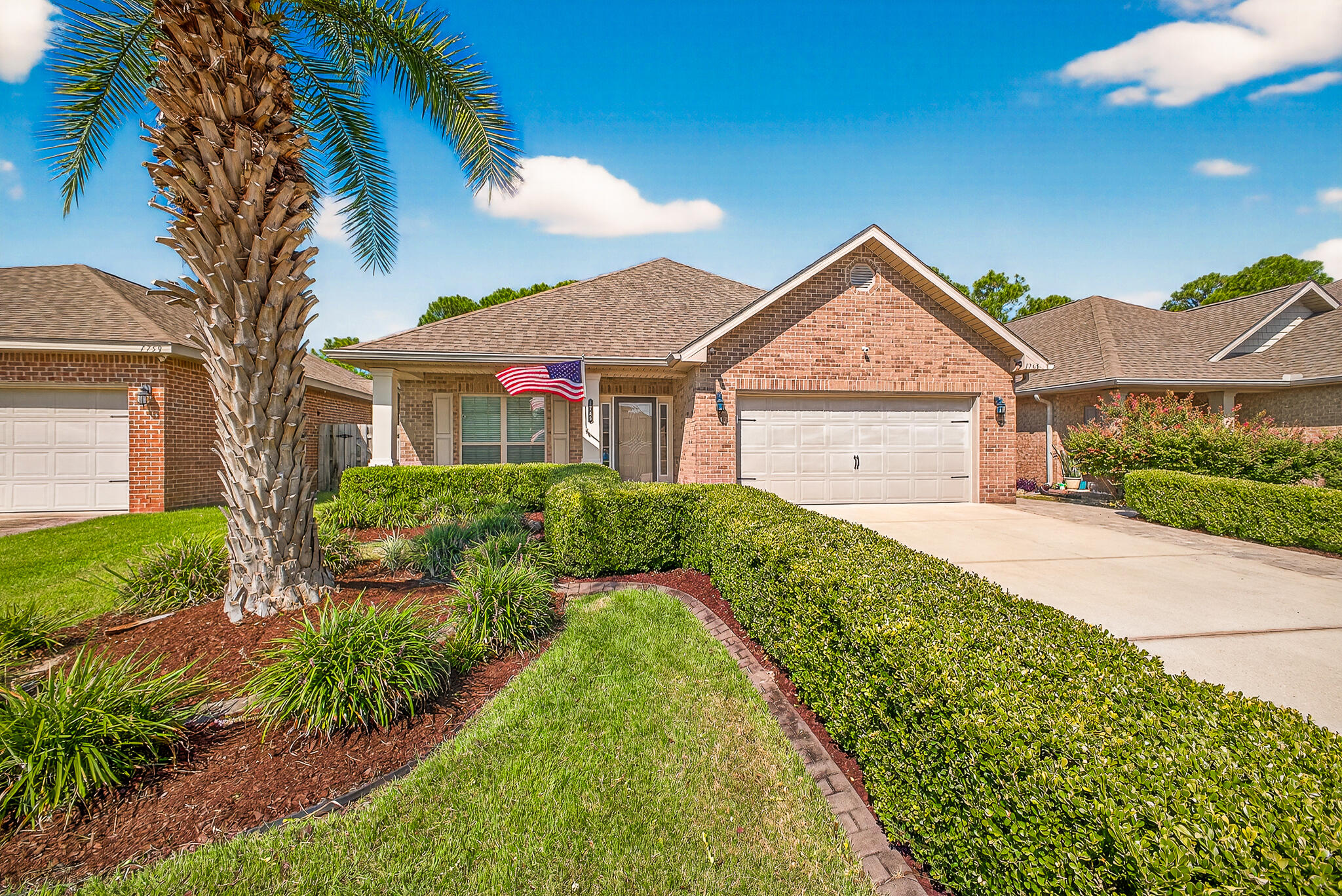 Welcome to this solid 3-bedroom, 2-bath brick home in Waterford Sound in the heart of Gulf Breeze. Set on a quiet dead-end road with no pass-through traffic, this home offers both privacy and convenience with access to community amenities including a park and basketball court. Inside, you'll find a spacious kitchen featuring rich wood cabinetry, a center island with bar seating, stainless steel appliances, and ample counter space. A dedicated office with custom built-in shelving provides the ideal space for working from home. Outdoor living is a highlight here. The large screened-in patio—updated with brand-new screens in May 2025. The low-maintenance yard is equipped with a sprinkler system, while the garage includes built-in storage cabinets to keep everything organized.