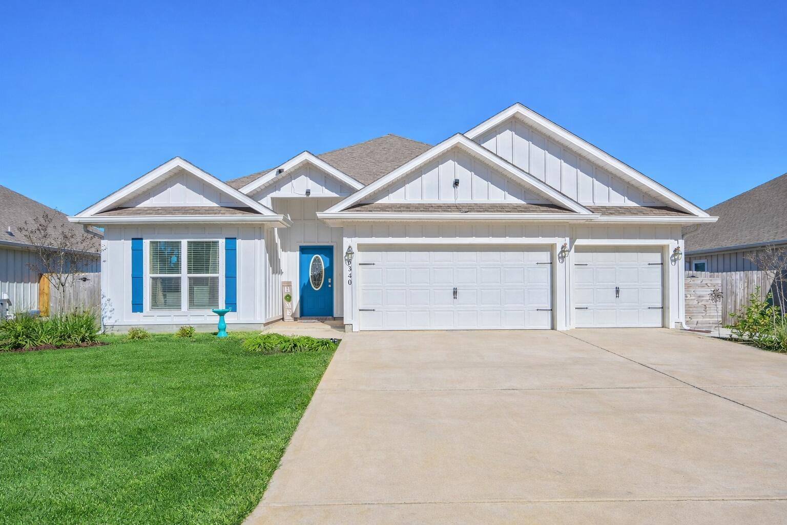 Welcome to Forest Bay Estates, ideally situated in the highly desirable East Gulf Breeze area, where residents enjoy a beautiful community pool and a location that perfectly balances everyday convenience with coastal lifestyle appeal. Thoughtfully designed split floor plan ideal for comfortable living and effortless entertaining, with an open-concept layout that includes a spacious breakfast nook and a separate dining area for seamless flow. The covered patio extends the living space outdoors, while the three-car garage provides exceptional flexibility—perfect for a small vehicle, golf cart, or additional storage. The kitchen is appointed with granite countertops, stainless-steel appliances, a smooth-top range, a quiet dishwasher, a large island bar, and a corner pantry, with granite finishes continuing throughout the bathrooms for a cohesive, upscale feel. The primary suite serves as a private retreat with a generous walk-in closet and an en-suite bath featuring dual granite vanities, a garden tub, and a separate shower. Just minutes from the championship Tiger Point Golf Course and the Arnold Palmer-designed 18-hole course. The home is also close to Shoreline Park and the National Live Oaks Preserve with scenic trails, as well as East Bay and the Santa Rosa Sound (Intracoastal Waterway) with multiple boat ramps within approximately 5-10 miles. This home is in convenient proximity to Hurlburt Field, Eglin Air Force Base, and Pensacola NAS.