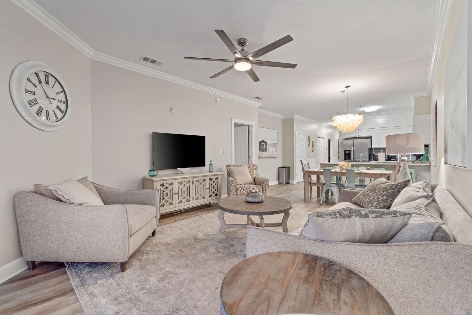 Gulf Views!! Experience coastal living at its finest in The Hampshire 406, a beautifully furnished 3-bed, 2-bath fourth-floor condo nestled in the heart of the Village of South Walton at Seacrest Beach. Just steps from the sugar-white sands and emerald waters of Scenic 30A, this spacious retreat offers an open living and dining area, modern kitchen, private balcony. The luxurious master suite includes a king bed and ensuite, while the guest rooms feature a king and a bunk with twin/full beds, comfortably sleeping six. Enjoy resort-style amenities including a newly renovated pool, tram service to the beach, and abundant shopping and dining right outside your door. Parking for two and elevator access add convenience to this perfect SoWal escape!