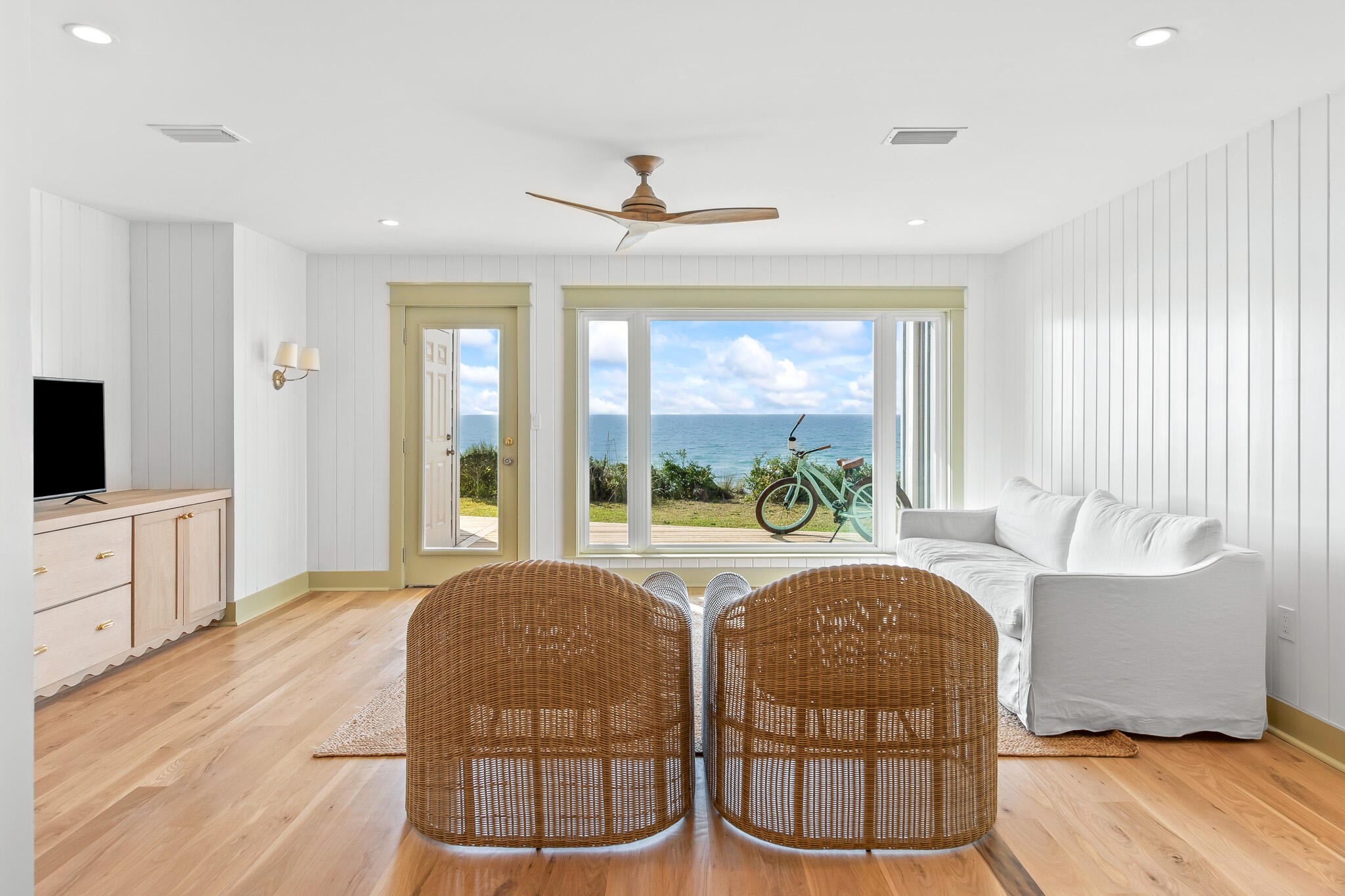 Situated on the highest bluff on the Gulf of Mexico at 65 ft' providing some of the best views on 30a along with private beach access for just you and the 18 other owners at Sea Bluffs. This unit provides a quiet secluded beach House In the heart of Blue mountain Beach year round. Featuring 2 over sized bedrooms  with a bunk Room giving you the ability to sleep 10. This completely remodeled unit was extremely well thought out with top of the line finishes throughout. This unit has Custom Cabinetry throughout, Marble countertops and floors in master bath. Solid White Oak Floors throughout the house, soapstone counters in the kitchen, V groove and Shiplap Walls, Moroccan  Zeilege tile. The furniture and fixtures from arteriors, Rejuvenation, visual comfort, poetry Barn, Anthropolog