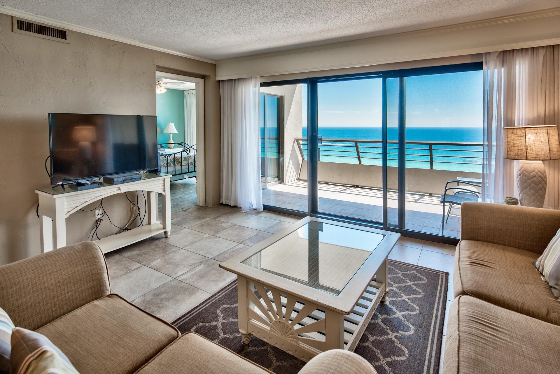 Welcome to you slice of the Emerald Coast! GULF FRONT 2 bedroom, 2 bath Destin condo for $420k. Nicely furnished, kitchen with granite, stainless appliances and light cabinets and tile throughout the entire condo! The private balcony brings in the light and is accessible from both the living area and the gulf front master bedroom, a stackable washer and dryer is also in the condo. Sleeping space for 6 with the guest bedroom and the sleeper queen sofa. STRONG rental income 2016 $48k and 2017 YTD is $43k. Amenities at Emerald Towers include a gulf front heated pool, tennis courts, gated entrance, fitness room with sauna, a community room, grilling area and on-site management. Located in the heart of Destin and close to dining, shopping and everything else that makes a vacation FUN.