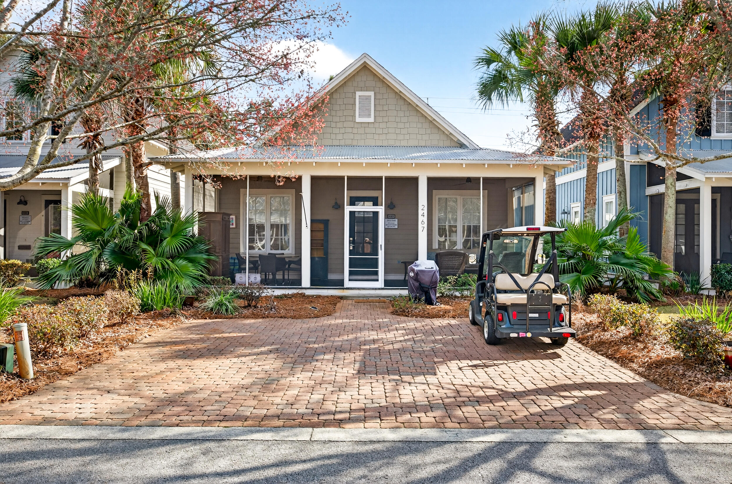 Experience the quintessential Florida lifestyle in this stunningly renovated bungalo located in the highly sought-after Bungalo at Sandestin® Golf and Beach Resort. This 3-bedroom, 2-bathroom residence with new roof, offers an ambiance with high-end finishes and coastal elegance at every turn.  The open-concept living space is bathed in natural light, featuring 10-foot ceilings, crown molding, and a sophisticated blend of travertine and engineered wood flooring. Designer touches include:  Gourmet Kitchen: A true showpiece with quartz countertops, a tile backsplash extending to the ceiling, and premium GE Café matte white and copper appliances, including a dual-fuel range with double ovens.  Primary Suite: A serene sanctuary featuring foil-backed designer wallpaper, custom Roman shades, and a spa-inspired en-suite bath with Italian limestone tile, double vanities, and a zero-entry rain head shower with built-in seating.  Designer Details: Specialty lighting, grass cloth wallpaper, and custom cabinetry hardware throughout ensure a cohesive, luxury feel.  Functional Space: A walk-in pantry/laundry room equipped with custom slide-out drawers and ample shelving.  Outdoor Living: Relax on the expansive 300-square-foot screened porch, perfect for alfresco dining or enjoying the coastal breeze.  Resort Amenities: Located within a gated community, owners enjoy access to multiple pools, a putting green, fitness center, spa, tennis courts, and a world-class marina. Prime Location: Just moments away from the emerald waters of the Gulf, Baytowne Wharf's shopping and dining, and championship golf courses. This home also includes a street-legal golf cart for effortless resort exploration.  Whether you are looking for a primary residence, a seasonal getaway, or a high-performing short-term rental, this property is turn-key and rental-ready.
