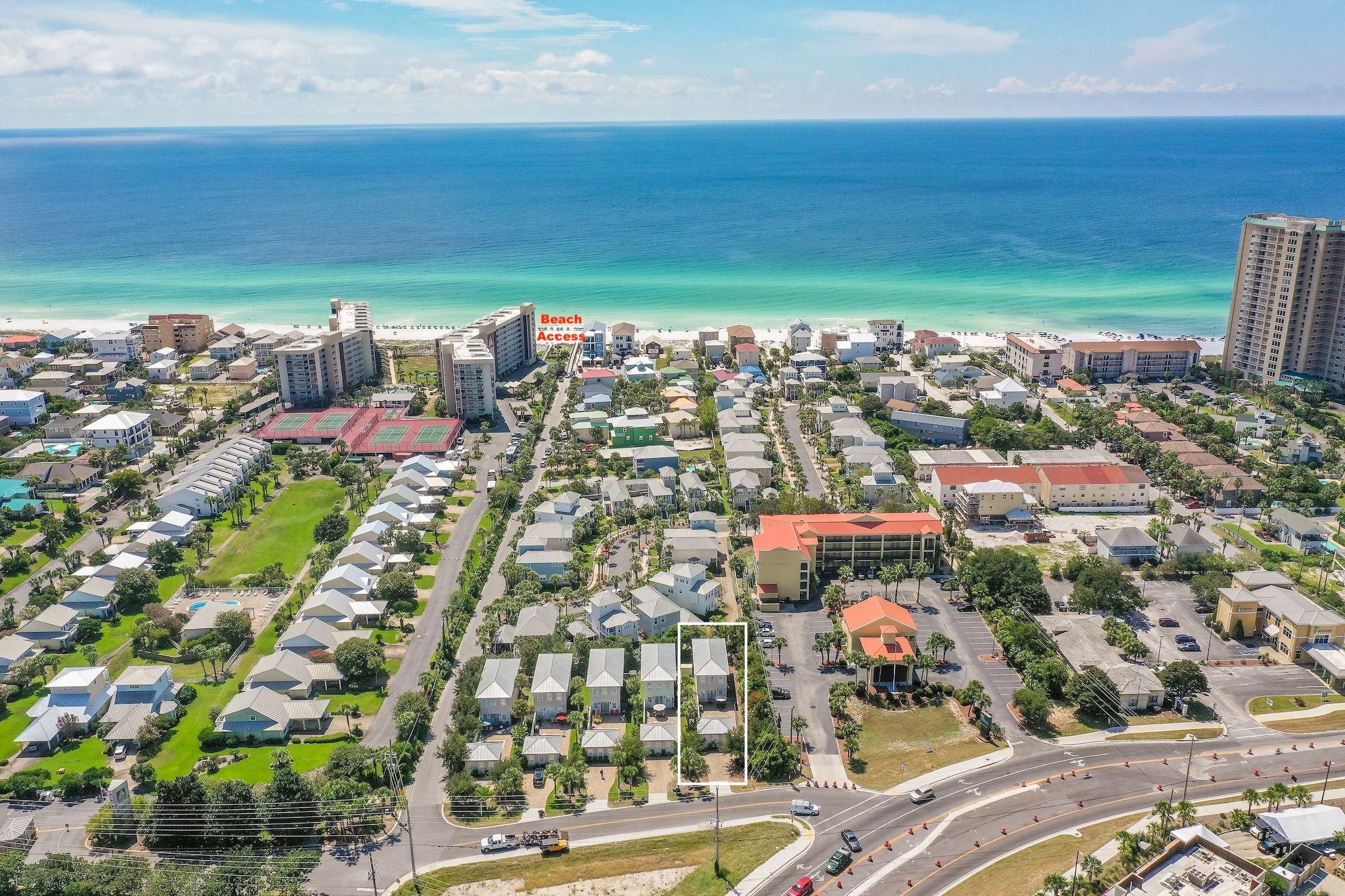 Prominently positioned only 300 yards to the Gulf of Mexico, this coastal retreat is primely situated with excellent proximity to world class beaches in the heart of Miramar Beach. Strategically designed and furnished to optimize short term rental opportunity, this property yields a thoughtful layout curated to maximize functionality.  Notable features include a private pool with suitable space for lounging and entertaining, a spacious open floor-plan with two stories as well as a carriage house. The first level offers a sizable open living room adjacent to the well-equipped kitchen designed for entertaining and flowing out to the lanai and private gated pool area. The master suite is conveniently located on the first floor and offers ample privacy including en-suite bathroom featuring a granite vanity and a custom tile seamless glass walk-in shower. There is an additional half bath on the first floor. Accommodating a total of 16 guests, upstairs you can find four additional bedrooms including two bunk-rooms. You'll enjoy the lovely private pool and deck area between the carriage house & main house, and it's all set up for grilling and outdoor dining. 
 
The separate carriage house features a private master suite and bathroom with custom tile walk-in shower.  It's a comfortable space equipped with a complete kitchenette. 

The beach access is a short 5-minute walk down a quiet side street - you don't have to cross any main roads or congested areas! This NO HOA fee property also features ample paved parking for up to four vehicles. 

24 Mainsail Drive is located near exemplary beach access as well as walking distance to prime shopping at the Silver Sands Outlet Mall, world class restaurants, golfing, boating and local entertainment.