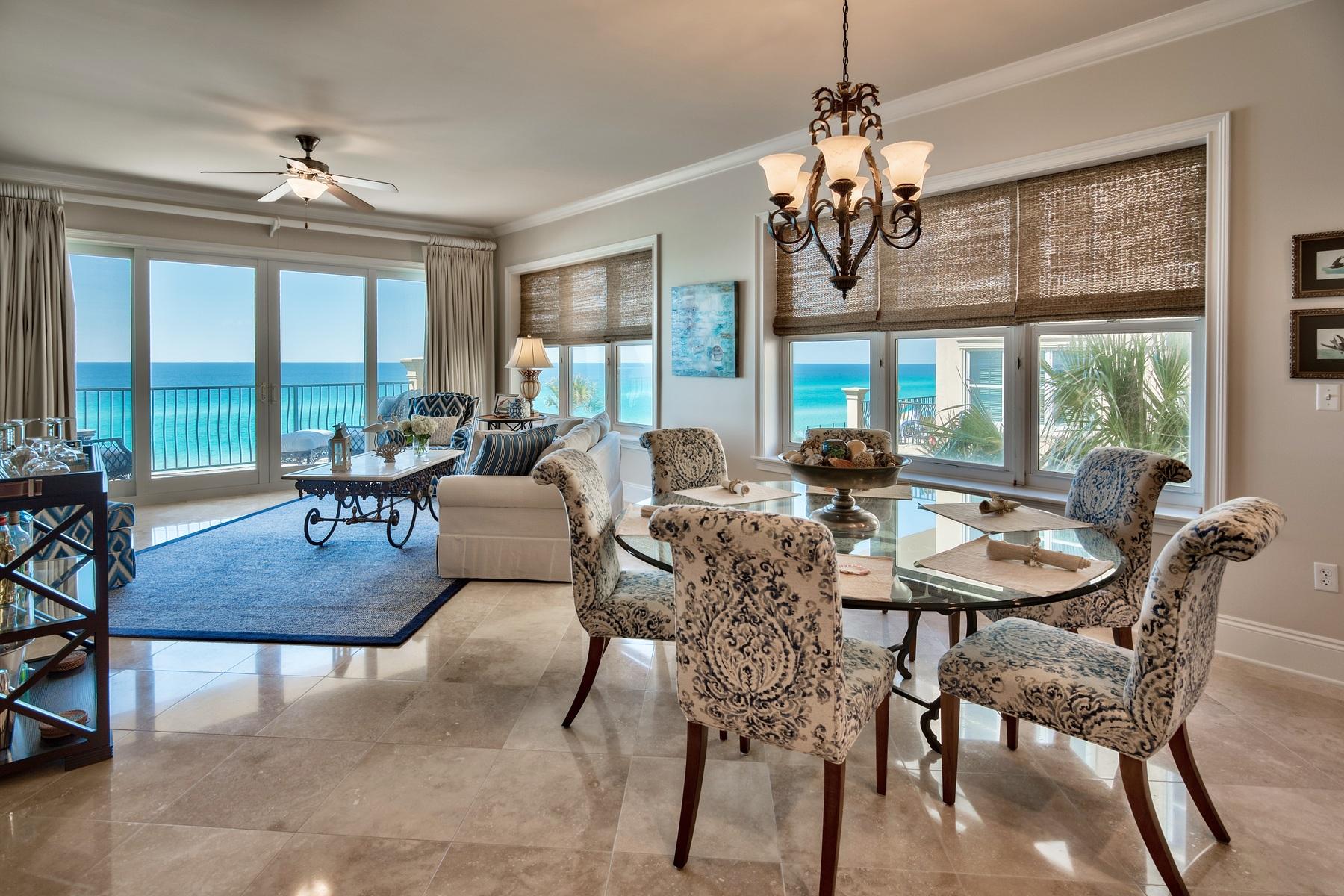 You can live in paradise in this luxury condo with views of the aquamarine waters of the Gulf of Mexico and white sand beach on two sides. Unusual not only for being an end unit with spectacular views and natural daylight flooding the living space, but also for having never been rented, this property raises the bar on family vacations and as an investment opportunity. A nicely organized kitchen sports high end, stainless steel appliances and granite counter tops. Diagonally-laid travertine flooring and creamy walls with crispy white trim create the perfect environment with a professionally decorated decor in soothing blue and cream fabrics. The covered gulf front patio is perfect for early morning coffee, games, entertaining, or just curling up with a favorite book. Thoughtful design is evident in the elegant master suite that opens to the deck, the master suite also includes a large master bath with double headed shower, jetted tub, dual vanities with ample storage and a large walk in closet.  Among Adagio amenities is an 8,000-square-foot tri-level pool with fountain pool, another infinity edge Gulf front pool and a well equipped fitness center.Top that with two parking spaces, premium location on the famed Route 30A, and you have an amazing condo residence in the lap of luxury with unobstructed Gulf views.