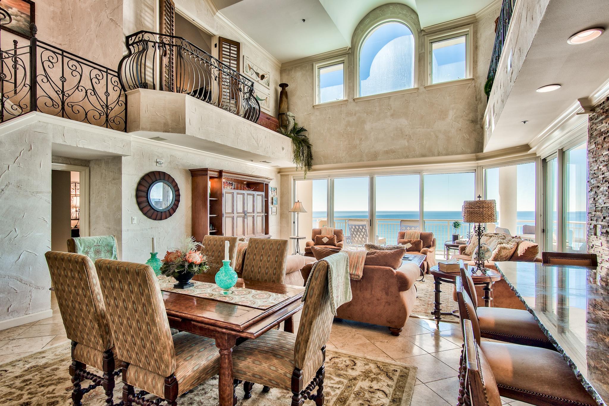 Penthouses of this caliber in the highly coveted Grand Villas @ Hidden Dunes rarely become available.  This 2-story, 5br/4bath unit features 22' cathederal ceilings with wide open gulf views from each level.  High end finishes such as custom wall coverings, sinker cypress cabinetry, exotic natural edge granite tops, travertine flooring along with updated light and plumbing fixtures grace the unit.  Master bath shower features
two valves and steam unit for ultimate relaxation. The spacious balcony features a gas grill and is perfect for dining overlooking the South Walton coastline. Unit is being sold furnished with plush furnishings throughout, perfect for a full time residence or upscale beach escape. Hidden Dunes is a 27 acre beach front property that also includes a lighted basketball court, tennis courts, 4 pools within the community, BBQ grills and 24 hour security.  All dimensions to be verified by buyer.