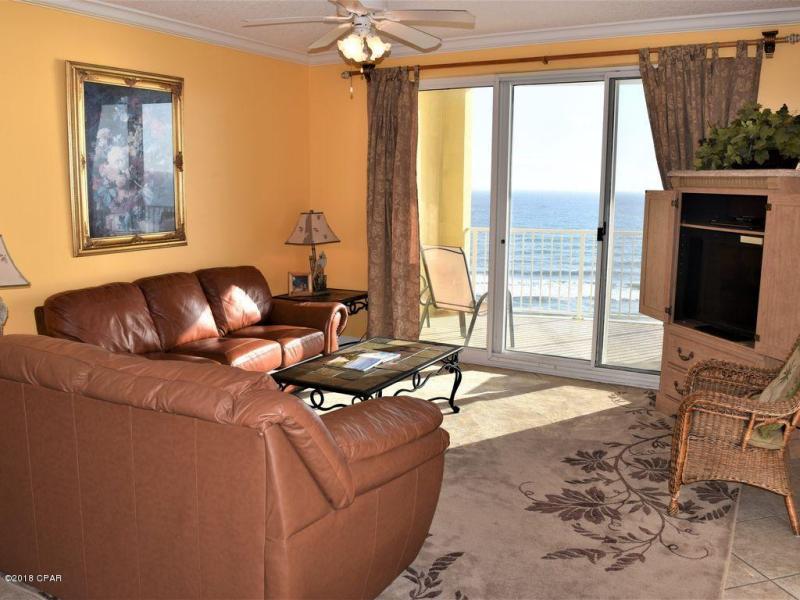 Corner unit! Perfect 8th floor elevation  not to low, not too high! AWESOME Conveys fully furnished! Master bedroom is Gulf Front!!! Upgraded tile throughout! 100% turn-key and rental ready! This condo has some of the best views of the sugary white sands and emerald waters that Panama City Beach has to offer! The family room and master bedroom both open to your oversized balcony. This balcony measures 30 ft. by 10 ft. Outside storage room that will hold bicycles, fishing gear and your beach supplies. Excellent Rental Income potential! Twin Palms is a newer low density complex and the amenities include gulfside pool, two hot tubs, barbecue grills, pavilion, and steam/sauna/exercise rooms. Easy access to shopping, dining and attractions.