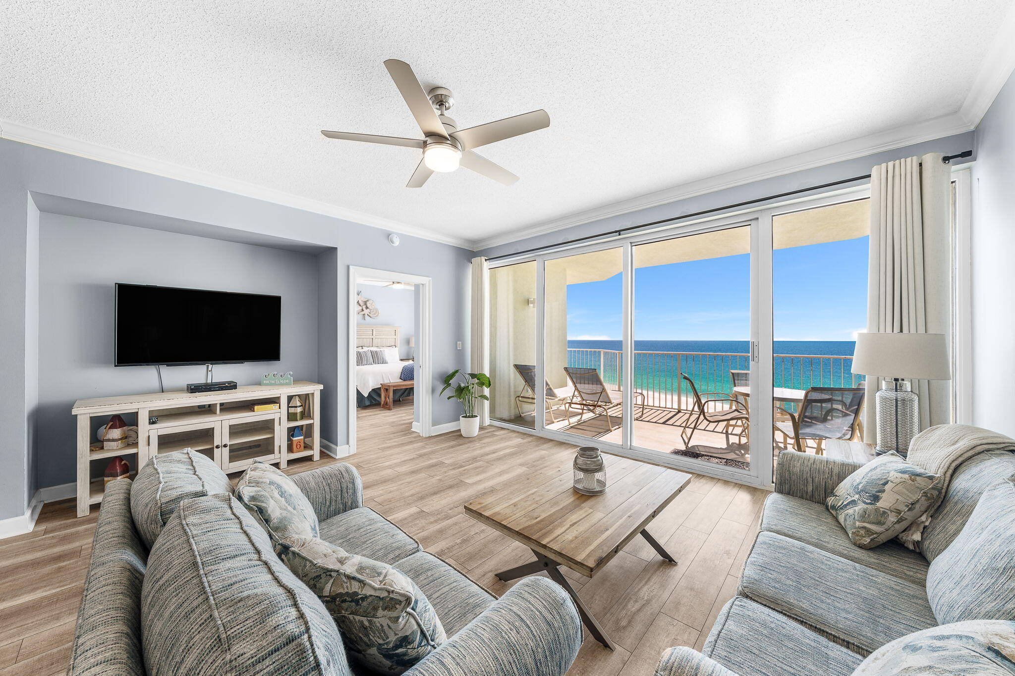 Over 80k om actual rents in 2025! This is a Rental Machine at Boardwalk Beach Resort in Panama City Beach! This stunning 3-bedroom, 3-bath condo + a bonus room—rents like a 4-bedroom! The main primary suite opens to a spacious balcony with incredible gulf views, while the second master offers lockout potential with a luxurious bath, kitchenette, and its own private gulf-view balcony. Unit 701 offers the perfect floor height with sweeping views of the pool and beach from the oversized balcony. Enjoy gorgeous floor-to-ceiling windows, 9-ft ceilings, a bright open layout, 2 brand-new HVAC systems, and 2 newer hot water heaters for peace of mind. Boardwalk Beach Resort is a premier gated community featuring a gulf-front pool, poolside tiki bar, general store, fitness center, covered parking