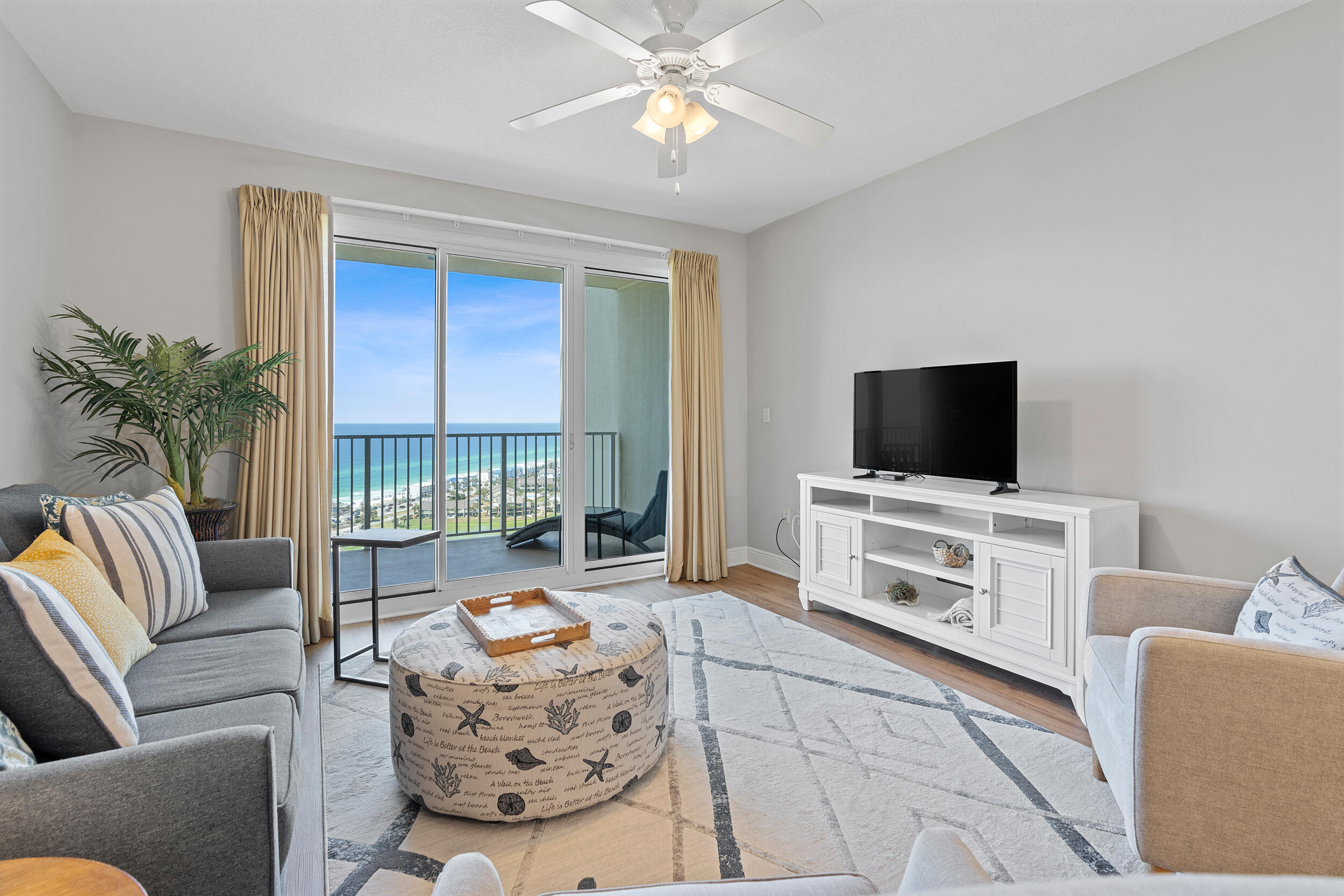 INCREDIBLE VIEWS OF THE GULF OF MEXICO AND THE COASTLINE FROM THIS DESIRABLE 21ST FLOOR CONDO JUST STEPS FROM THE BEACH. You will want to stay & experience the beach lifestyle this condo has to offer! It is a 2 bed/2 ba featuring an open floor plan & it is being sold fully furnished making it a great investment property or second home. The living area & the master bedroom both have access to the oversized balcony. The HVAC was replaced in 2023, the hot water heater in 2022 as well as new flooring installed. This unit comes with a nice size laundry room and exterior storage ~ perfect to store your beach toys. Ariel Dunes is a signature complex with two towers located in the gated community of Seascape Resort. Amenities include 2000 feet of deeded white sand beach, three large pools, onsite restaurant, golf, tennis, fitness room, & a conference center. Conveniently located to Seascape Towne Center, additional shopping, restaurants, & a golf course.