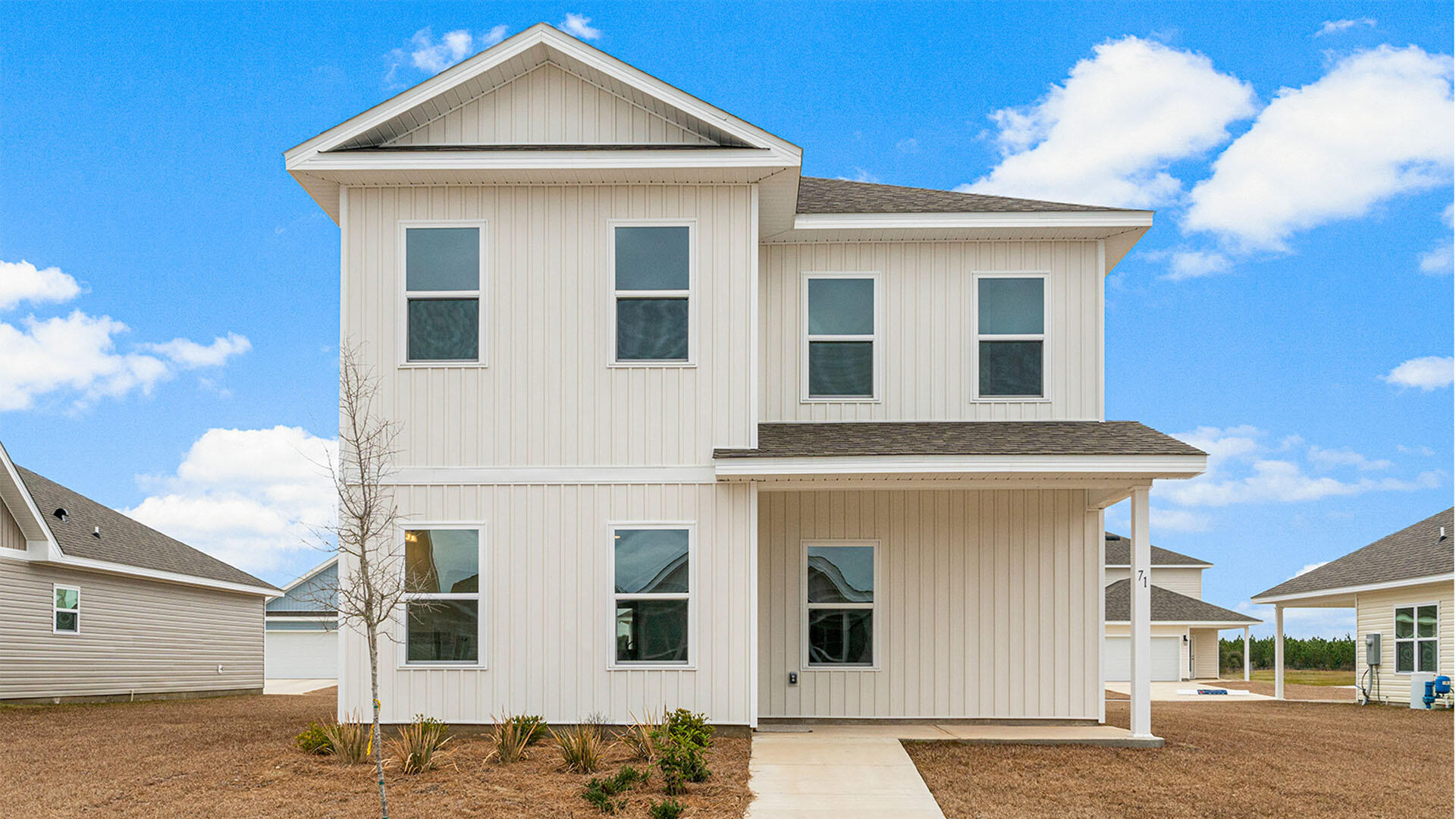 The Owl's Head community is conveniently located off of Highway 331 in Freeport.  We are only 8 miles to Interstate 10, and 16 miles to beautiful beaches and Highway 30 A.  We offer 6 floor plans, 3 and 4 bedrooms.  All homes have rear entry garages.  This community offers a community area with paved walking trails and a spring fed lake. | The Inzer is a 2 story 4 bedroom, 2 ½ bathroom home.  The primary bedroom is on the first level. 3 bedrooms are on the second floor with a flex space.  This home offers a Front and back covered porches. This home has a half bath downstairs, that is perfect for guests.