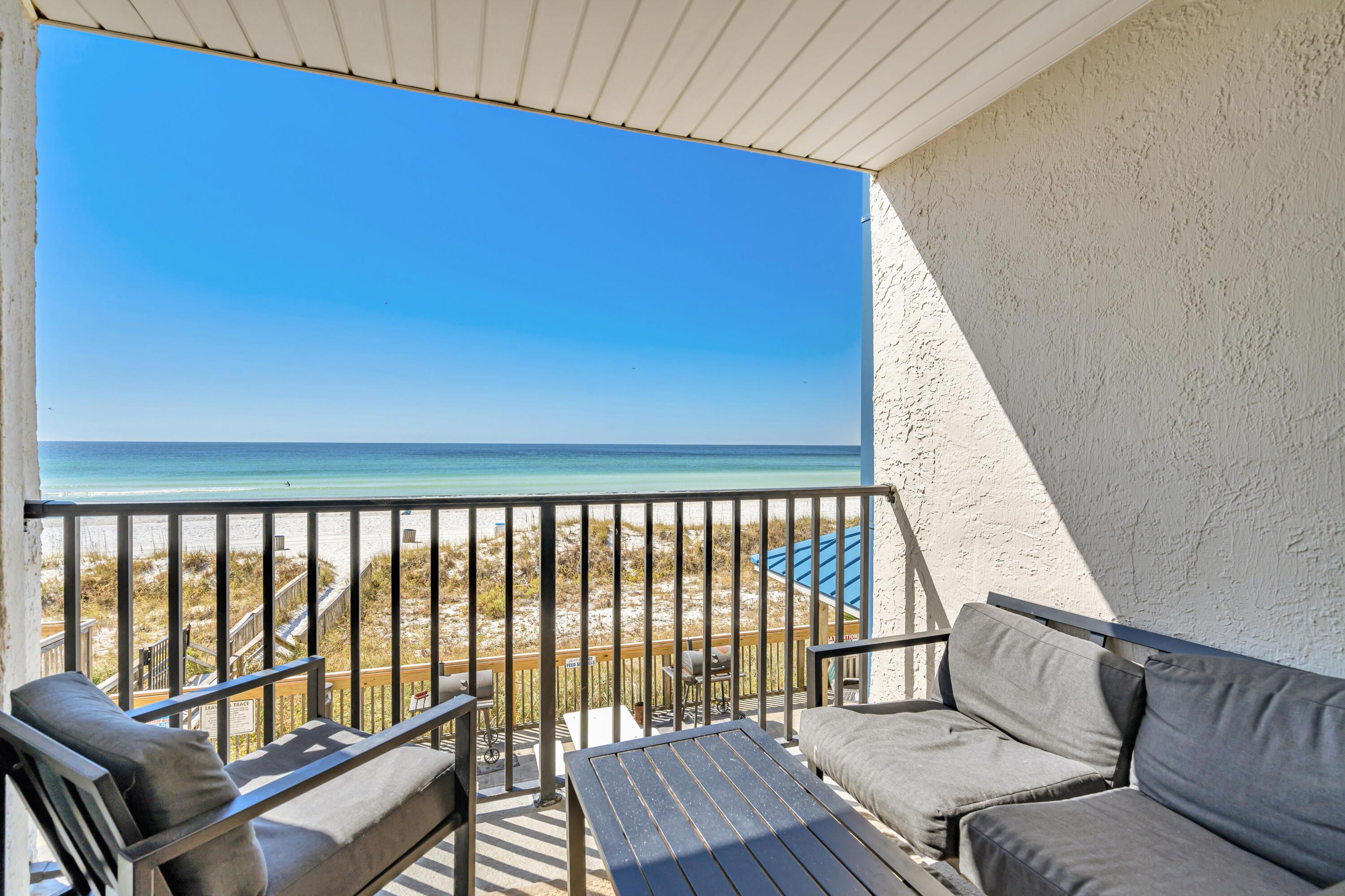 Invest in your future at Whispering Seas 206, an exceptional, updated condo that has consistently generated IMPRESSIVE rental income. This Gulf-front 2bd/2ba unit boasts a PROVEN track record; earning $46k in 2024, $38k in 2023 (lower due to owner usage), and $48k in 2022. Comfortably sleeping 8 guests, the condo features a king bed in the primary bedroom with STUNNING Gulf views, a queen bed plus bunk bed in the guest bedroom, and a sleeper sofa in the living room. With renovated kitchen and baths, in-unit washer/dryer, and stylish coastal decor, Whispering Seas 206 comes fully rental-ready and the option to keep it on the same rental program for easy transition. The well-equipped kitchen allows residents and guests to prepare meals with ease, the open living area provides ample seating, and the Gulf-front balcony offers the perfect spot for morning coffee or evening relaxation. Recent upgrades to the unit include a newer HVAC and water heater, hurricane glass sliding doors being installed, and refreshed furnishings throughout.
The complex itself has also seen recent upgrades and improvements to the Gulf-front pool, grilling gazebo, parking lot, and building exterior. With the Condominium Milestone Report done, Structural Integrity Reserve Study completed, reasonable HOA fees, and no pending assessments, this turnkey property offers peace of mind for residents and investors alike. Situated in a low-rise complex with only 30 units, Whispering Seas 206 offers a more calm, serene beach experience. The proximity and ease of getting from the parking lot to the condo to the beach itself is rare. Additionally, its prime location puts you within minutes to a plethora of shopping, dining, and entertainment options in East PCB, including a nearby Walmart for convenient essentials. Pier Park is less than 7 miles west and St Andrews State Park is less than 4 miles east. 
Don't miss this opportunity to own a piece of Panama City Beach paradise. Whether you're looking for a vacation home or a lucrative investment, Whispering Seas 206 delivers the perfect blend of comfort, style, and rental potential. Schedule your private showing today and start enjoying the beach life you've always dreamed of!