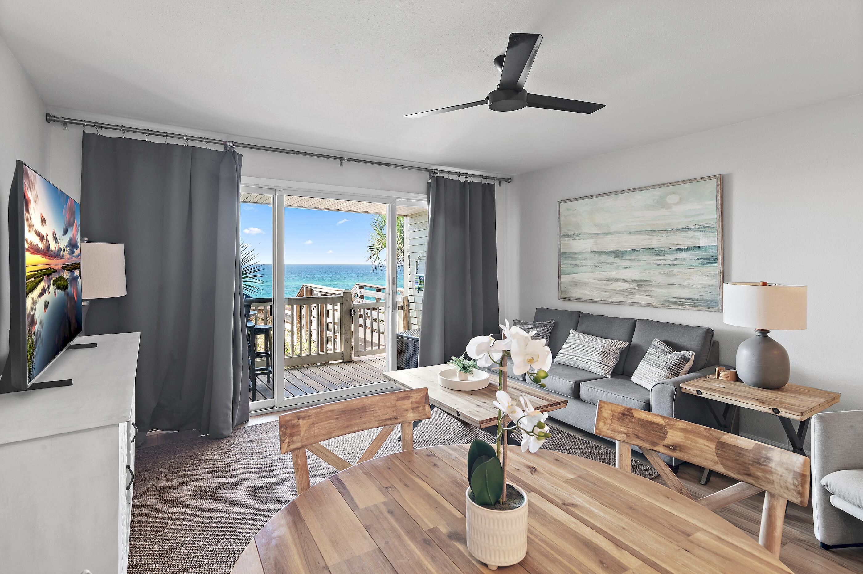 Perched atop one of 30A's most stunning beach bluffs, this fully furnished unit offers sweeping Gulf views and direct balcony-to-beach access to a less-crowded, deeded beach—ideal for enjoying the sugar-white sands in tranquility. Just a block from local coffee shops and eateries, and with the 30A bike path nearby, exploring Rosemary Beach and Alys Beach is effortless. Inside, modern upgrades include new kitchen cabinets, quartz countertops, wood-plank tile flooring, and built-in bunks, blending coastal charm with practical comfort. Whether as a family getaway or a convenient beach escape for off-beach homeowners, this retreat offers easy beach access and unforgettable sunsets.
