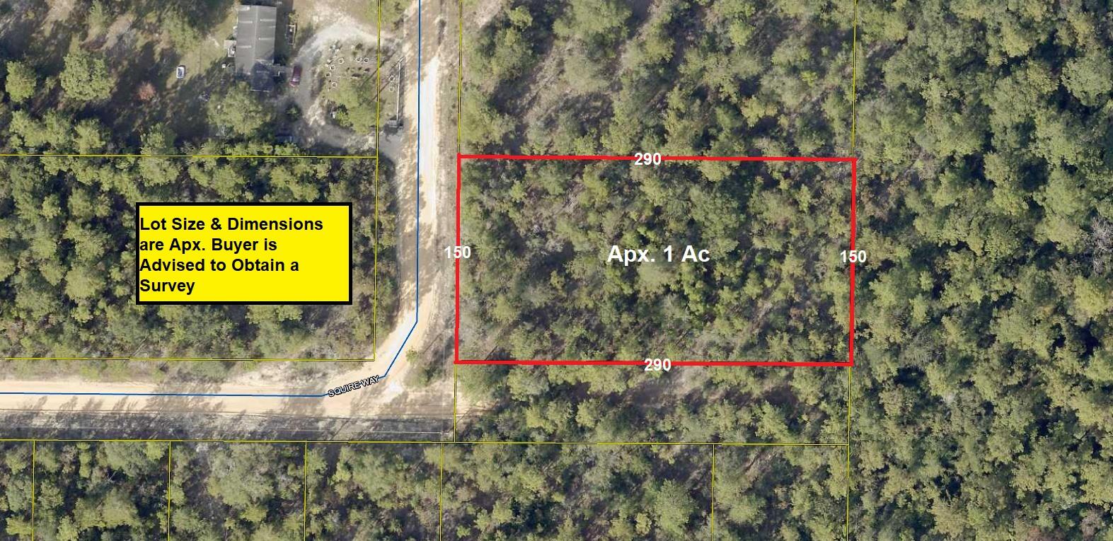 1 acre lightly wooded lot in growing Mossy Head area of Defuniak Springs. Power runs along Squire Way. Public water is currently NOT available in this area. Well & septic tank would be required.