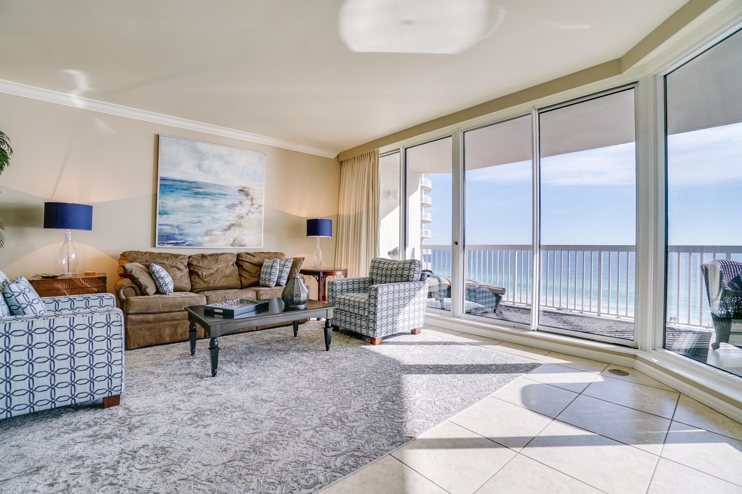 Beach front luxury at its finest. Take in the outstanding view of the Gulf of Mexico and the surrounding coastline from your private balcony. This fabulous beach view can also be seen from the kitchen and main living room area as well as from the master bedroom. You can see the Choctawhatchee Bay from the balcony on the North side of the condo. Stylish decor and quality furnishings make this condo pop. Real wood flooring in the bedrooms and other elegant finishes abound. All the great amenities you expect and located in the heart of Destin near many great restaurants and attractions. Flying fish painting not included. Buyer to verify all information.
