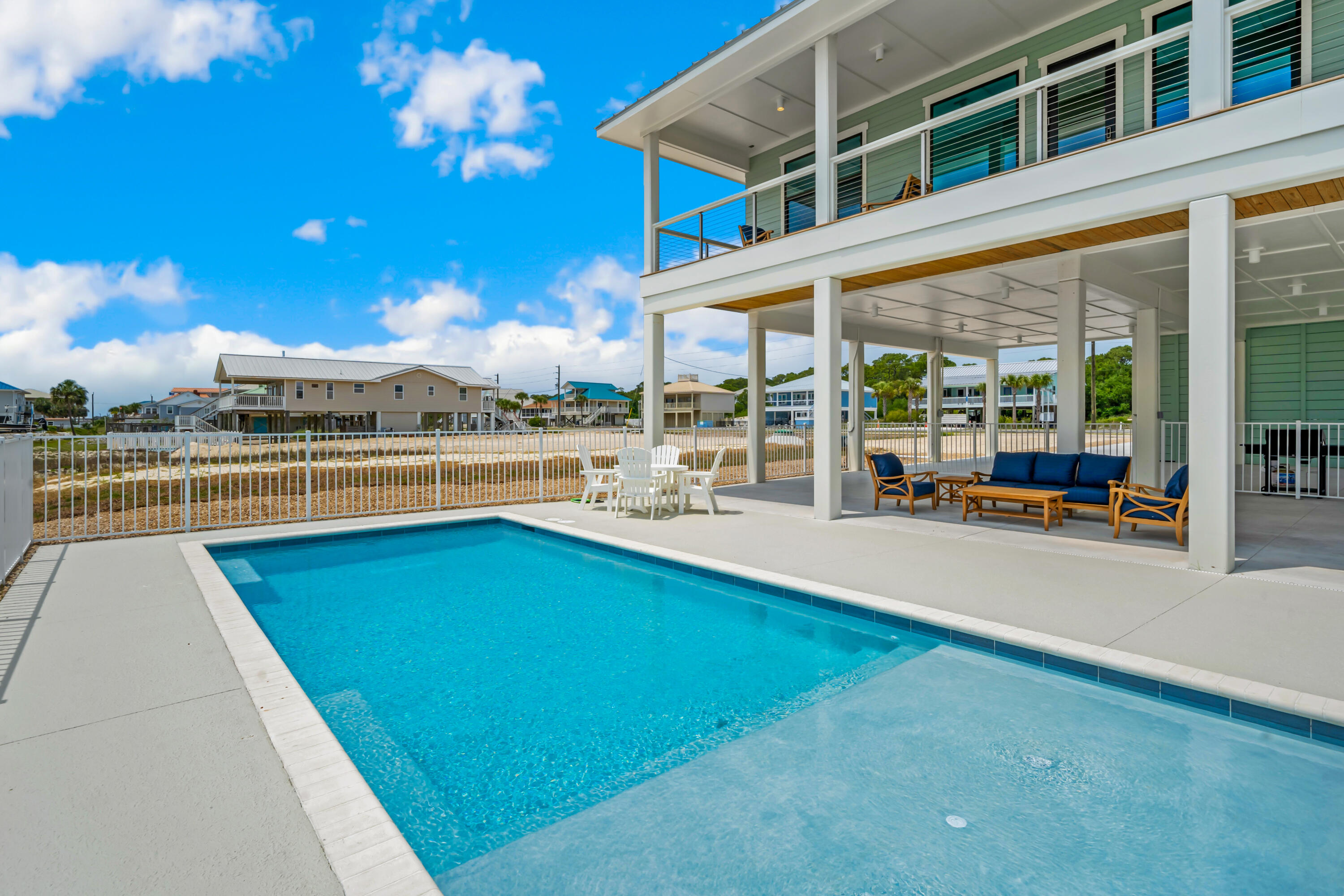New construction home perfectly placed on the 2nd Tier on St. George Island, this custom-designed single-level home is beach living at its finest. Suited for your family & friends, with all the amenities one could ask for. Every inch of this remarkable beach home is finished to the highest standards with ceramic-tiled bathrooms, quartz counters, stainless-steel appliances, high-end finishes, and luxury vinyl plank flooring throughout. This exceptional beach home with its two magnificent Gulf view master suites, two additional king suites, and a bunk room. The ground level is for fun & relaxation with a private heated pool & hot tub. With an RV/EV charging outlet, RV and boat parking available, this home caters to all your needs. Clean your catch at the convenient fish cleaning station, and grill up a fresh feast for dinner. Just steps to the beach allowing you to enjoy all the activities that the Gulf Coast has to offer.