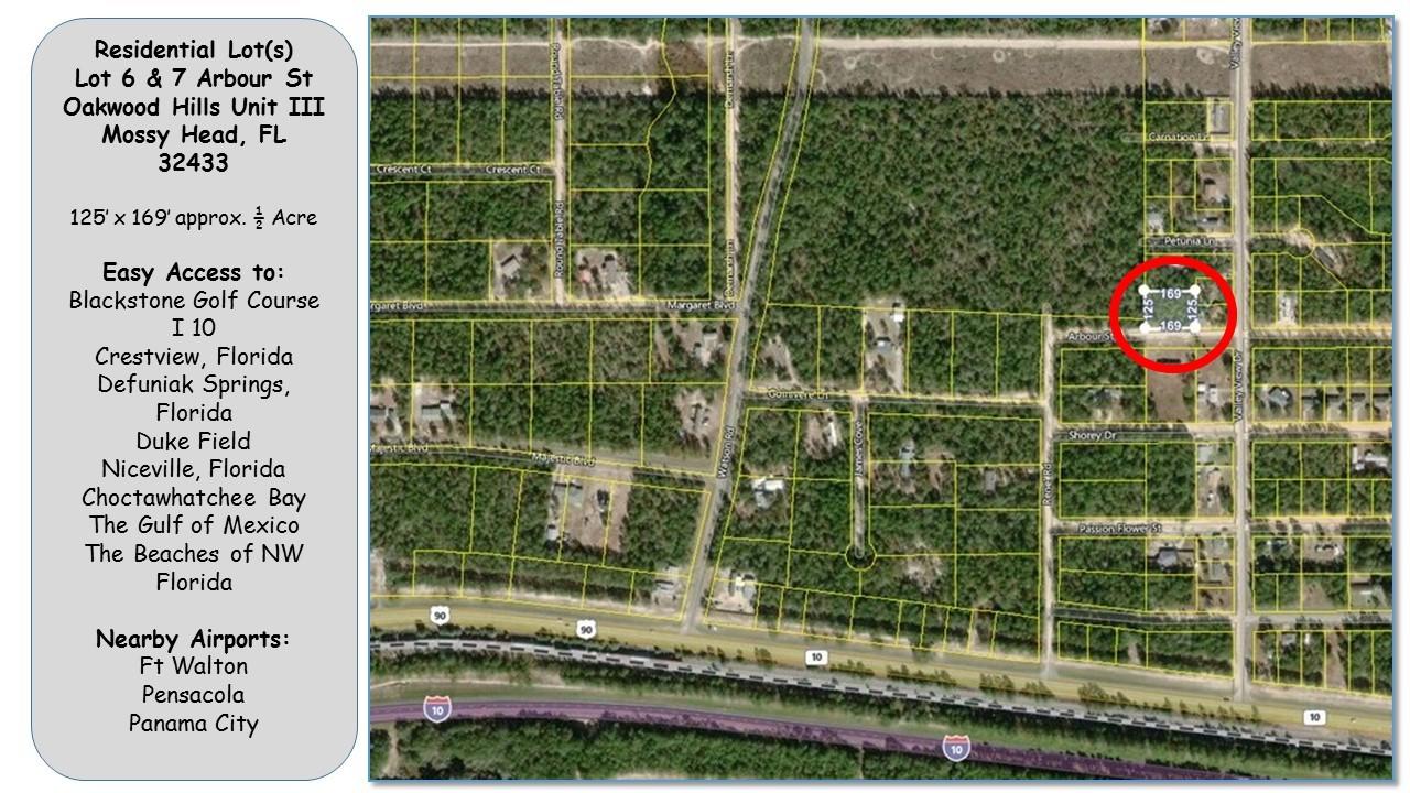 Peaceful and easy living! Lot 6 & 7! Take a look at this 1/2 acre lot in the Mossy Head Community! Oakwood Hills is a quiet area with room to breathe! Great location with easy access to Interstate 10 and near Crestview, Defuniak and Duke Field in Northwest Florida's Panhandle. Peaceful, easy country living within a quick drive to the beach and everything the Emerald Coast has to offer.