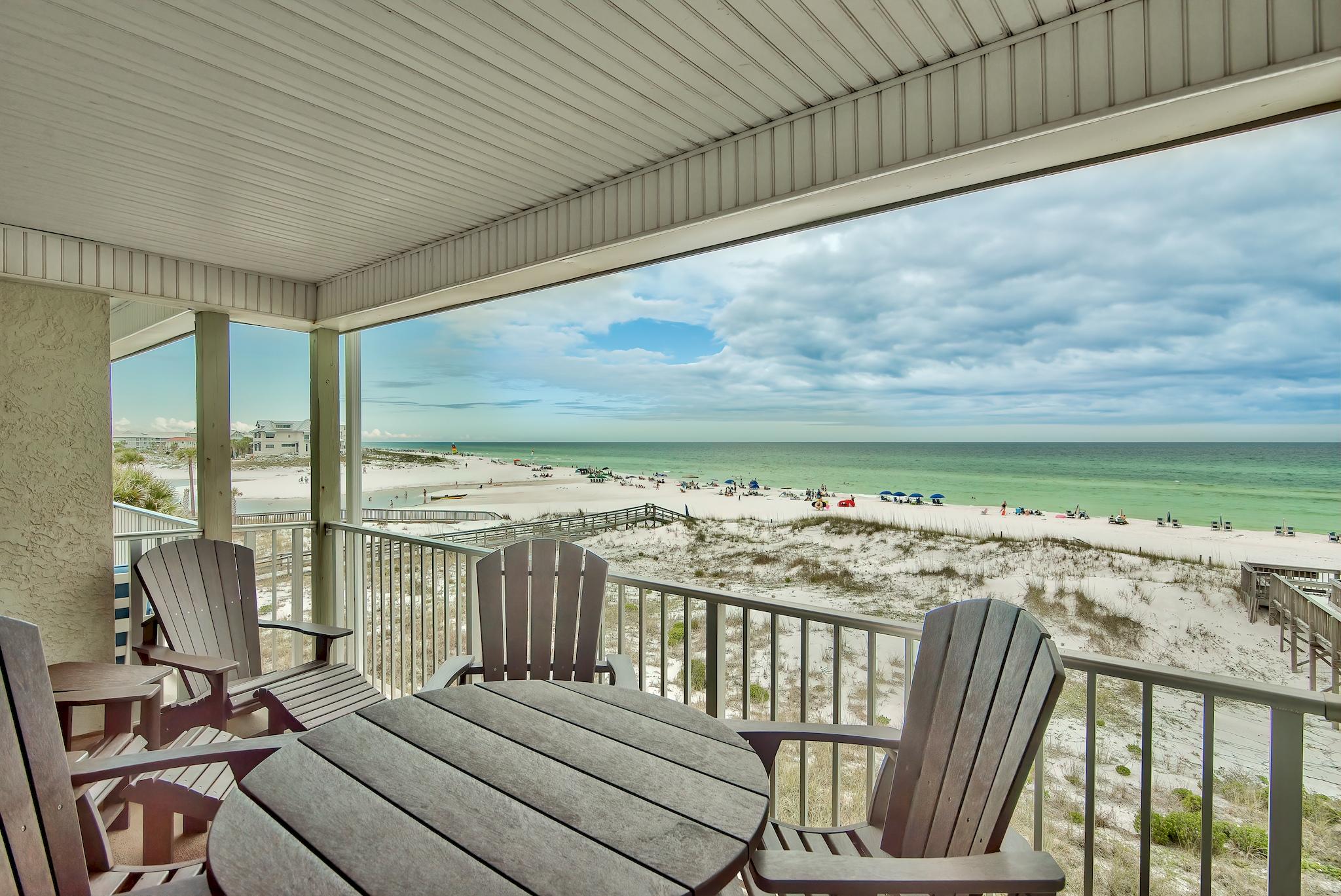 NEW COASTAL A/C SYSTEM! Recently updated, this beautiful GULF FRONT condo is in the heart of Seagrove Beach. This one bedroom, one bath with built in hall bunks and a queen-sized sleeper sofa offers expansive views from its beautifully upgraded kitchen, living area & private balcony. Commodore's Retreat is a low density 24-unit development in Seagrove Beach adjacent to Eastern Lake and a short bike ride to Seaside. Amenities include a pool, private beach access, assigned covered parking space and private storage unit, along with a recently added owners only golf cart parking area. The exterior of Commodore's Retreat was completely renovated with new hurricane impact glass windows and doors, exterior stucco, HVAC compressors, railings, balconies and sprinkler system.