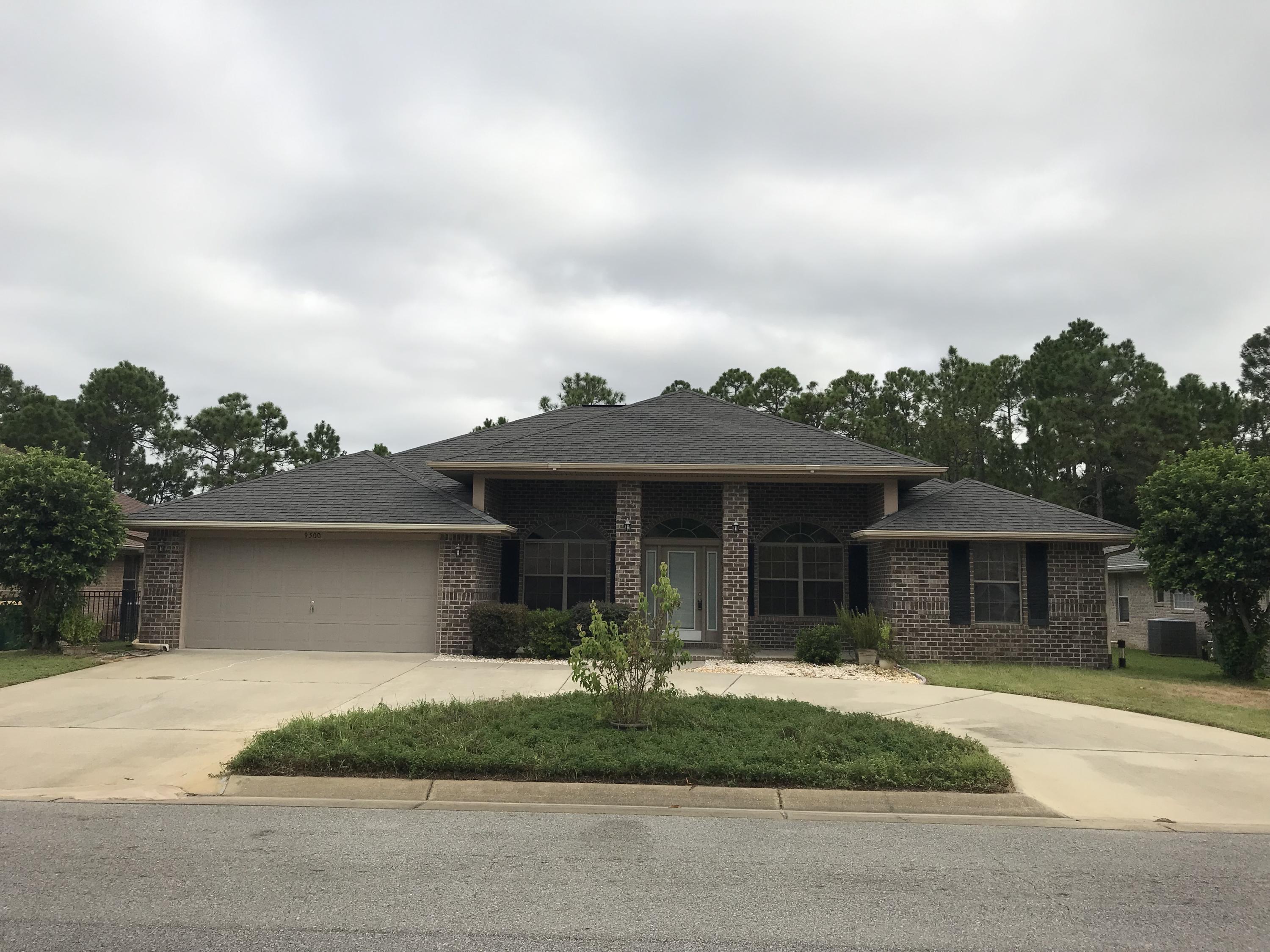 With its grand covered front entrance, this split floor plan 4 bedroom 2 bathroom home is both warm and inviting. Enter, and the spacious living area, with vaulted ceiling and plant ledges is casual and open to the kitchen and eat-in dining areas. The kitchen includes all stainless steel appliances, a pantry and plenty of cabinets for storage. The home also features a formal dining room and office. The master bedroom suite is spacious with plenty of light, as well as private access to the screened in back patio. The master bathroom has double vanities, a stand alone shower, as well as a spacious walk-in closet. The separate garden tub has an accent glass block window that includes a custom shade for privacy. The third guest bedroom also has private access to the screened in back patio.

Less than 0.2 miles from Whispering Pines Blvd, this all brick Creetwood Village home is very convenient to Highway 98.

Furry friends 25lbs and under are welcomed with prior approval.