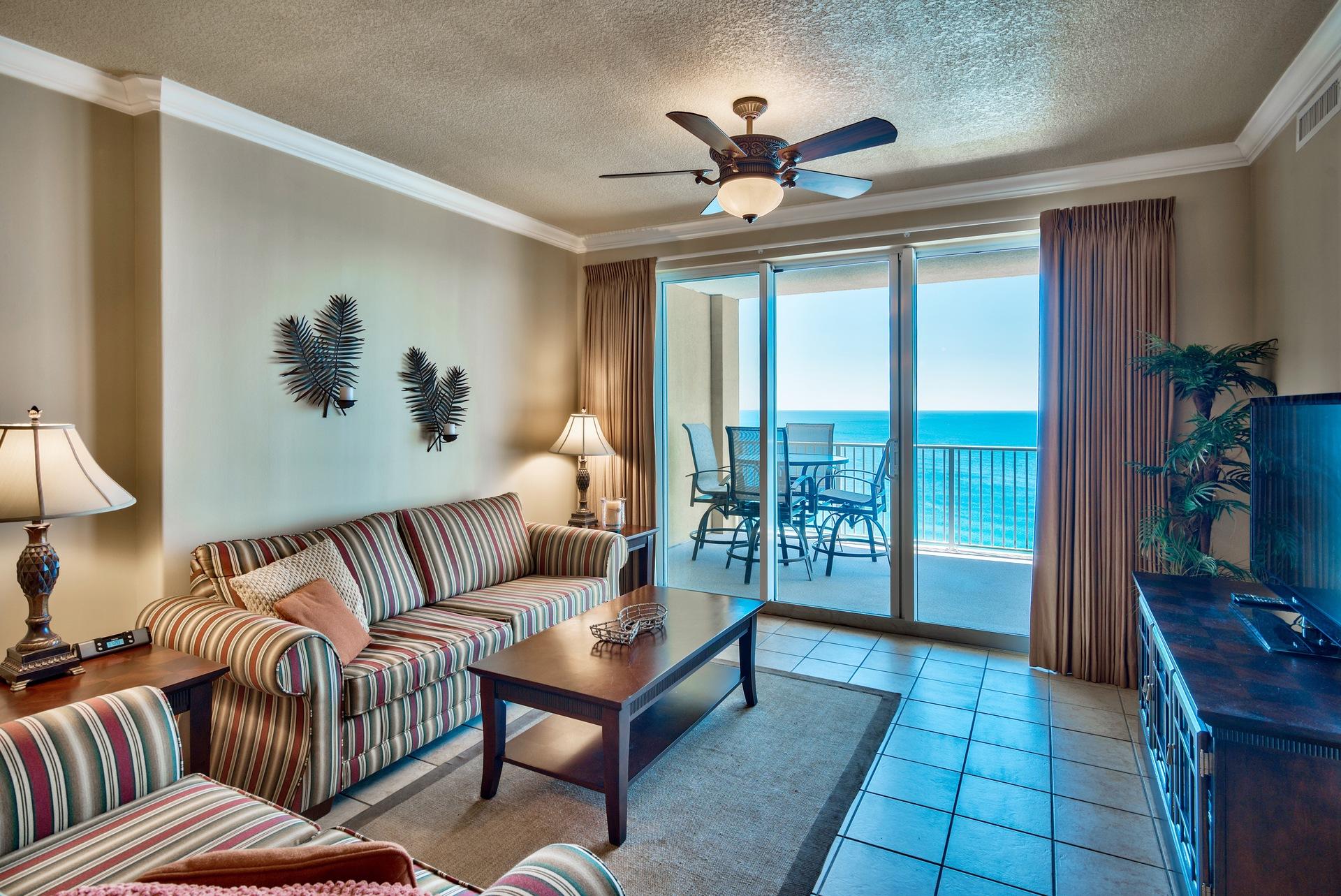 Phenomenal penthouse unit with expansive views of the Gulf of Mexico. Unit #2302 is 2-bedroom, 2-bath condo totaling 1,147 square feet with a large private balcony with incredible Gulf views. The interior is very well maintained and is being sold fully furnished & decorated. Features include raised ceilings, thick crown molding and tile floors in the main living area, kitchen and bathrooms. The open floor plan allows the unit to feel very spacious and the pride of ownership is apparent. Experience Gulf views from nearly every room and access a private balcony from the living area and master bedroom. The kitchen is beautifully updated with granite countertops & breakfast bar, unique custom tiled mosaic backsplash, updated lighting and ample hardwood cabinets. There is an open dining area for six with Gulf views or the granite breakfast bar is great for more casual dining. The Gulf front master bedroom is very spacious with direct balcony access and en-suite bathroom with tile floors and shower/tub combo. The guest bedroom is similar in size and on the other side of the unit for privacy. This room features two double bunk beds, sleeping a total of 6 just in the guest room! The unit overall will sleep ten making this a great rental potential. There is a laundry room with a stackable washer & dryer, an owner's closet, and one deeded parking space.  This is a phenomenal opportunity to own a pristine penthouse unit. 

Tropic Winds is a low-density building consisting of only 164 units on the desirable West end of Panama City Beach, close to 30A and Pier Park to the East. Enjoy luxury amenities including a Gulf front indoor/outdoor pool (seasonally heated), steam room, sauna, Gulf front fitness center & community room, gas & charcoal grills, sun deck, large Gulf front hot tub and designated beach. There is even a designated pet area (for owners) and security cameras. You will not be disappointed at one of the newest condos in the Panama City Beach area.