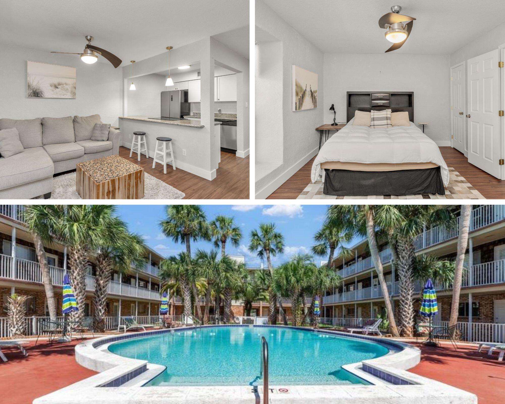 Beautifully renovated 1 bedroom 1 bathroom condo with an amazing view of Pensacola Bay! The 1 bed 1 full bath condo offers LVP flooring throughout (no carpet!), new paint, granite in kitchen, bath, and bar area, as well as new lighting and ceiling fans. This unit has an open and airy feel offering lots of natural light. Spacious living room, dining area with bar, kitchen with SS appliances and breakfast bar, large master bedroom and closet as well as full bathroom with tile tub/shower. This top floor unit is located at the center of the U-shaped condo complex and offers a beautiful view of Pensacola Bay and the community pool. That's right, this condo has a large inviting pool that is 6 ft deep that tapers to the shallow end. Large pool deck with plenty of room for lounging.