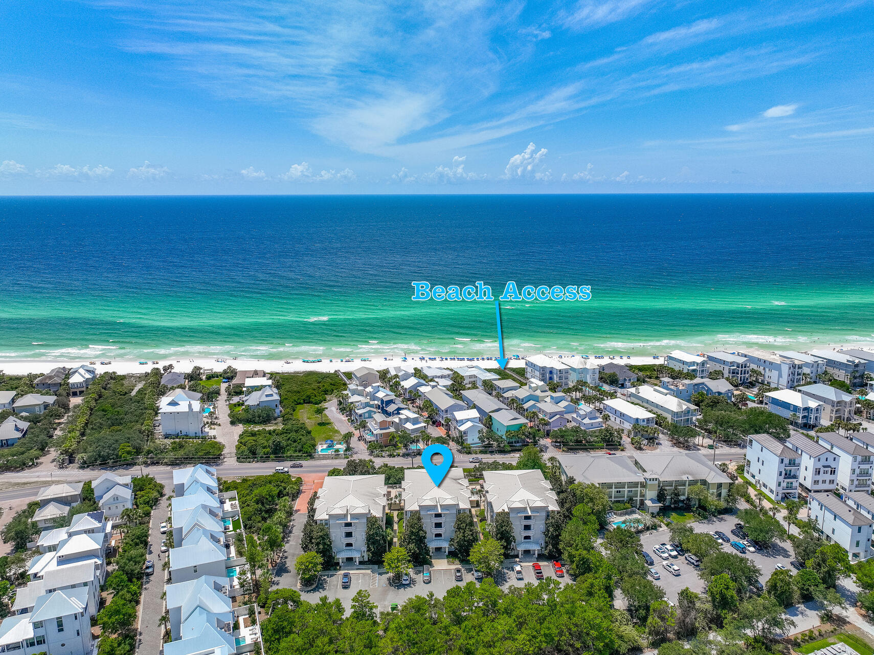 'Sea La Vie' is the Perfect Beach Getaway for your Family or a Great Vacation Rental Property with Deeded Beach Access right across the road! This gated Beach Condo is located in the highly sought after 30A Seagrove Beach Community! With 3 Bedroom/3 Baths this property has plenty of space for everyone with a well-designed floor plan! Along with a Large Dining Room, a Comfortable Oversized Living Area opens to a Gourmet Kitchen that has been updated with Granite Countertops and Stainless Steel appliances, an Island with bar seating and New lighting!  Relax with Morning Coffee Or Happy Hour Beverage on the Covered Patio while enjoying the Pool Views! The large Primary Bedroom features a King Bed, Huge Walk-in Closet, and a Spa-Like Bathroom with Double Sinks and a Separate Whirlpool Tub and Shower! The second bedroom is beautifully furnished with a Queen bed and separate full bathroom, while the third bedroom is currently set up as a bunk room with access into the Hall bathroom!  First floor condos offer the convenience of easy access to Parking, loading and unloading belongings and groceries, and easily watching family and friends in the pool! BONUS: When it is time to go to the beach, there is no need for the Car, Bike or Golfcart, just easily cross over the road to the Private Deeded Gated Entrance and you are on the beach in 2 minutes!  The HOA covers Water, Garbage, Cable and Internet for you!

The Villas at Seagrove Gated Community is perfectly nestled between all of the popular places on Hwy 30A. Right outside the front door is The Perfect Pig (one of the best Breakfast/Bruch places) and Half a mile to the east is the New Greenway Station with New Shopping and Dining options! Only 2 miles from Seaside's favorites like Bud & Alleys; 5-6 miles from Alys and Rosemary, you can be anywhere on 30A easily!