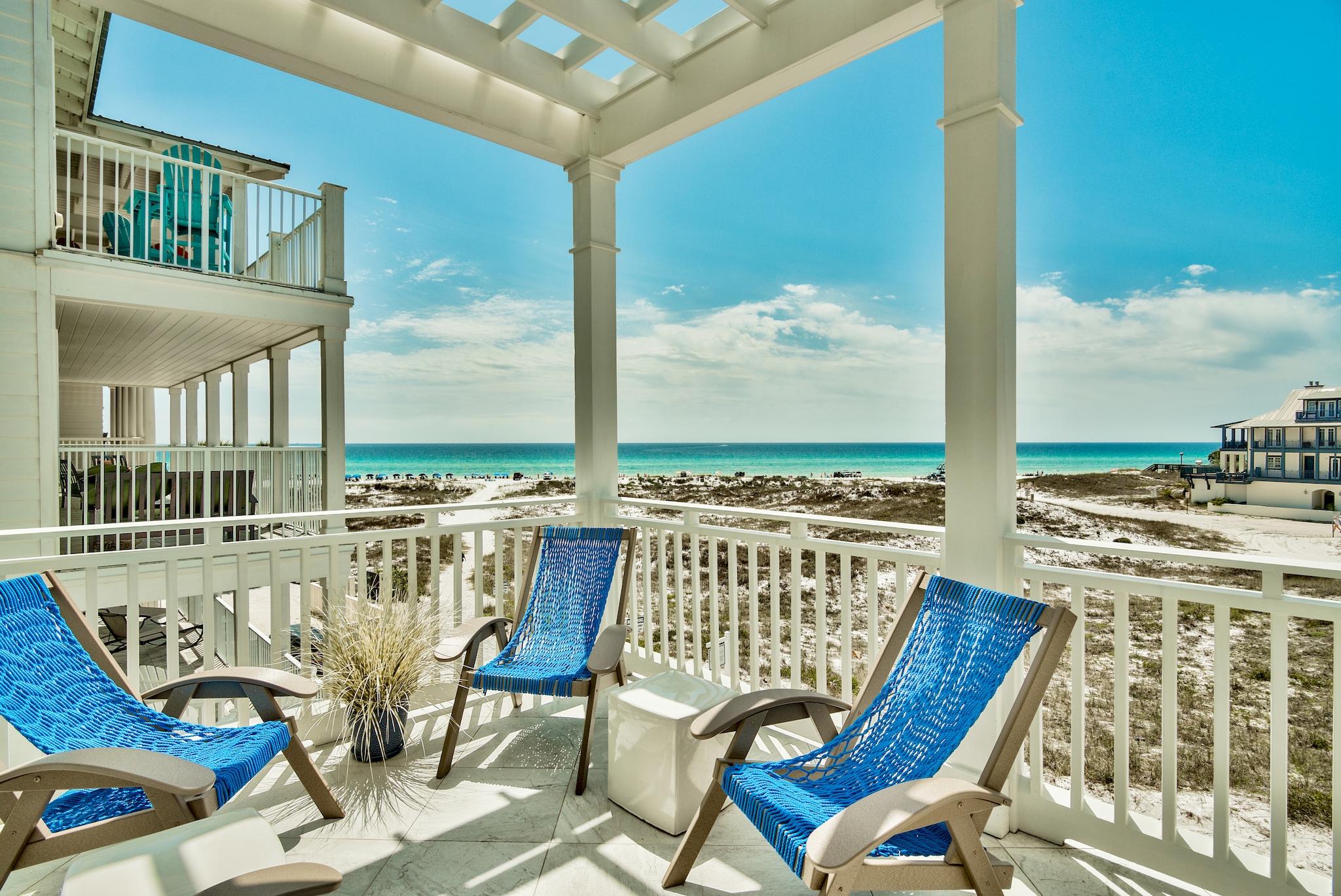$200K Rental Projection by 30A Escapes Vacation Rentals. This magnificent 5 bedroom, 5 and -1/2 bath gulf front beach house can be found in the heart of Grayton Beach, South Walton's original beach community. Located steps from Grayton's sugar-white sand beaches and a short walk from the popular Red Bar and Chiringo restaurants, the salty air awakens your senses as your worries drift away soaking in the views from any of the homes four balconies with forever gulf views or from the open air main floor featuring a heated private pool with a covered area and room for a garage. As you enter the home's double doors, you are greeted with a convenient drop zone and separate storage spaces, one with an ice maker, full-size fridge, and stacked washer/dryer. This magnificent 5 bedroom, 5 and Â½ bath gulf front beach house can be found in the heart of Grayton Beach, South Walton's original beach community. Located steps from Grayton's sugar-white sand beaches and a short walk from the popular Red Bar and Chiringo restaurants, the salty air awakens your senses as your worries drift away soaking in the views from any of the homes four balconies with forever gulf views or from the open air main floor featuring a heated private pool with a covered area and room for a garage. As you enter the home's double doors, you are greeted with a convenient drop zone and separate storage spaces, one with an ice maker, full-size fridge, and stacked washer/dryer. This makes the perfect beach mudroom for after a day in the Florida sun.

Utilize the conveniently located, custom finished elevator or climb the beautiful light wood stairs with walls accented in wainscoting and windows sprinkled throughout, filling the space with natural light. Tall ceilings, wood floors, and recessed lighting offer an open and airy feel throughout this updated beach house and double-glazed, low-E glass impact resistant windows and doors cut energy costs and defend against the elements. On the second level of this home, there are two expansive bunk room suites with built in bunks featuring high-density memory foam mattresses with cool gel technology. The large guest suite, also on this level, features a private balcony; all suites offering attached full baths with Toto toilets, framed mirrors, and Hansgrohe faucets. The heart of this home can be found on the third floor; the great room's expansive living, sitting, dining, and kitchen spaces are waiting for you to fill them with your family memories. The living room's white stone fireplace completed with a light, solid wood mantel is perfect for warming up those cozy family movie nights with its glow. Two sets of double doors lead out to the expansive, covered porch and the vast windows overlooking the Gulf of Mexico offer views that dreams are made of. The dining space is finished with a modern chandelier and the large rustic wood dining table offers seating for eight. A large marble island features a tub sink, two GE Monogram Series dishwashers, and ample prep space fit for this chef's kitchen. The GE Monogram series stainless steel appliance package also offers a 48" gas stove with vented hood, 48" fridge, and microwave convection oven. The white tile back splash from the kitchen carries over to the updated wet bar with wine fridge and a convenient sink. Off of the kitchen is a conveniently located, large walk-in pantry/laundry room with high capacity washer/dryer. A convenient half bath can also be found on this floor. The top level of this home is completed with double doors leading to the master suite featuring vaulted ceilings, vast windows with transom lighting, a fireplace with a light wood mantle, a walk-in master closet and additional coded owners closet. The spa-like master bathroom offers double vanities with marble counter tops, white cabinets, a pocket door, glass shower with double shower heads, and a soaking tub perfectly positioned in front of two vast windows overlooking the Gulf of Mexico. The additional guest suite on this level featuring vaulted ceilings, large windows, a modern chandelier, and an attached full bath with a tiled shower is perfectly completed with a private balcony overlooking Western Lake. All upholstered beds, sofas, and chairs are custom made with indoor/outdoor microbial resistant fabrics providing the ultimate comfort and durability. Outdoor furniture comes with a lifetime warranty. Too many details to mention; sold fully furnished, this Grayton Beach gulf front home is a MUST SEE!