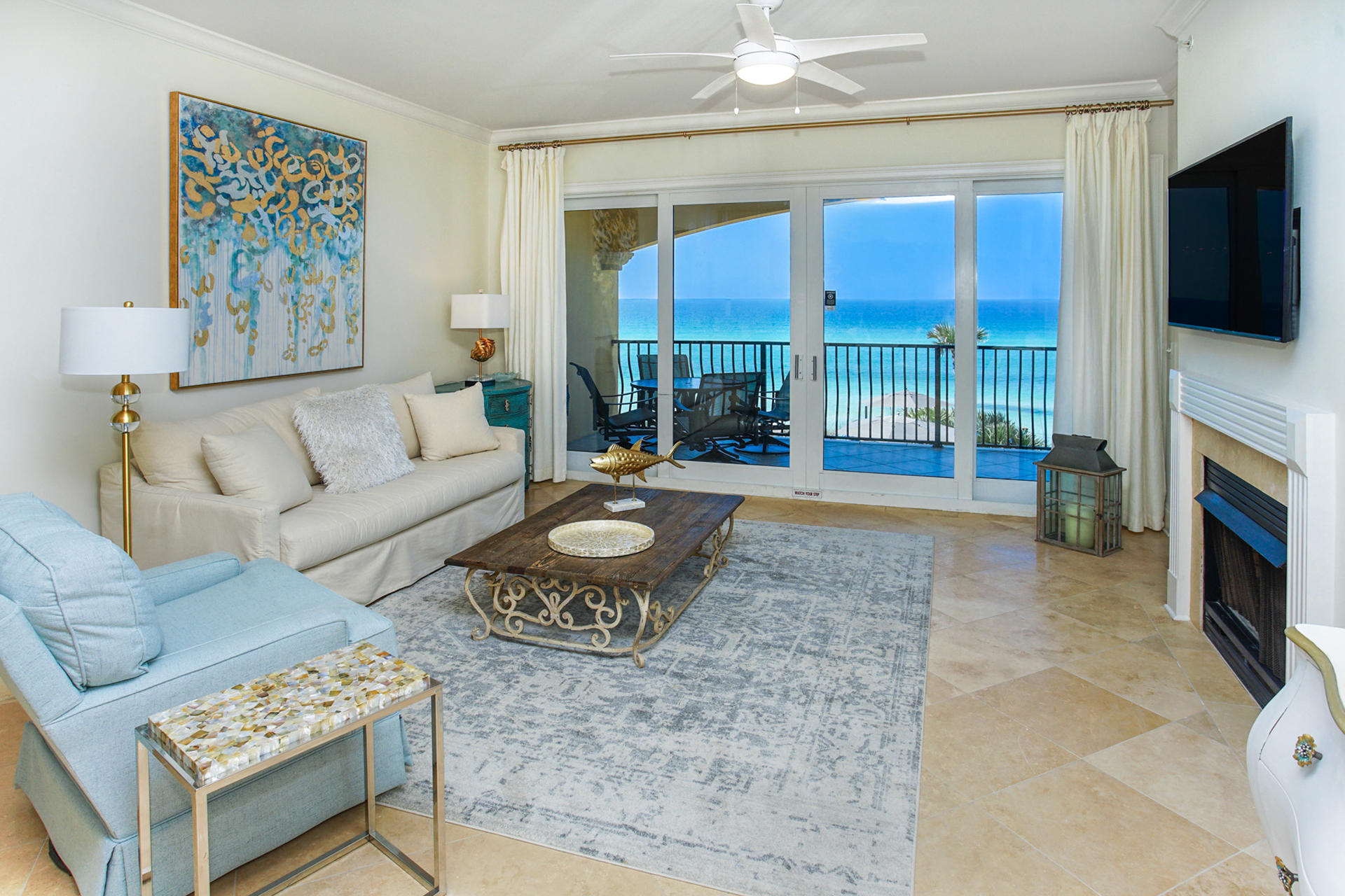 NEW FURNITURE AND NEW PAINT!!! This recently upgraded, spectacular second floor Gulf Font condo has it all... four bedrooms plus bunk room, spectacular views, lavish new furnishing, remarkable location, quality construction, outstanding amenities all in a private manicured natural setting. Large Gulf Front balcony with breathtaking panoramic views of white sandy beaches and emerald waters of the Gulf of Mexico. Open living area and spacious master suite overlook the Gulf of Mexico with access to a large covered balcony. Residence is being sold fully furnished. Adagio in Italian means ''at ease'' and this location and unit speaks to those desiring a slow and leisurely beach life. Call to schedule your viewing of this desirable gulf front condo. Luxury features: 10 ft. ceilings, crown molding, diagonally-laid travertine tile floors, carpeted bedrooms, high-end stainless steel appliances,  including a 6-burner gas stove, custom cabinets, granite kitchen count tops, tumbled marble back splash in kitchen and master bath, lavish master bath with over-sized whirlpool tub and double headed shower with built-in seating, walk-in closets, deeded garage parking and storage.

Adagio is an exclusive, gated condo community which occupies one of the highest elevation in Blue Mountain Beach.  Adagio is located on 11 acres on the western end of Scenic Hwy 30A  in Blue Mountain Beach with 580 feet of white sandy beach and emerald waters on the Gulf of Mexico.  Community boasts an 8,000 sq. ft. pool and spa, a Gulf Front heated pool with infinity-edge, wireless internet poolside, amenity center with on-site gym and meeting area along, immaculate grounds with lush tropical and native landscaping, private gated community. The building is concrete construction with under building parking for security. This building is built to be here forever.