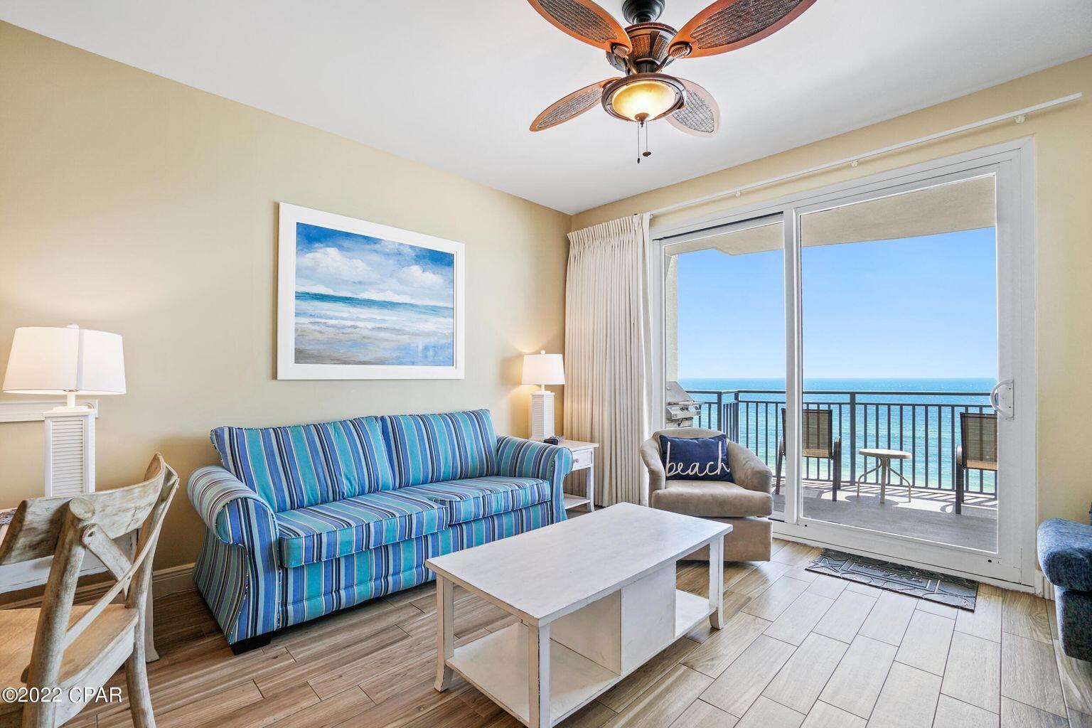 BEST OF THE BEST IN STERLING BREEZE! GREAT ELEVATION WITHIN THE STACK. Located in the center of the building, this stack has the
largest balcony of any floorplan in the development. STERLING BREEZE is a Luxurious Resort only a 1/2 mile West of Pier Park. This excellent property conjures
up images of sun-splashed days of swimming, biking, and relaxing. It lives like a beach house but comes with all the benefits of owning a condo. This property
conveys fully furnished and rental ready! Hard surface flooring throughout – plank ceramic in common areas and bedrooms