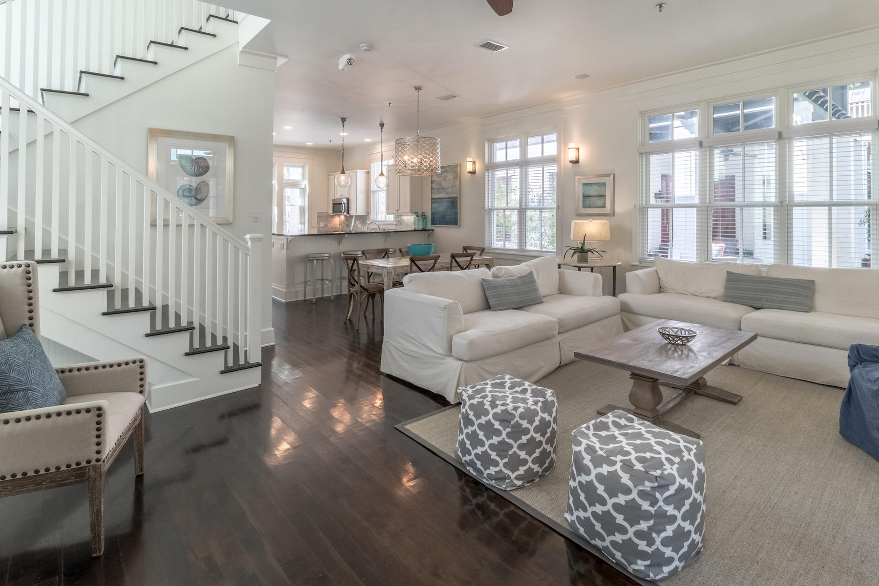 ROOM TO ADD A 2 CAR CARRIAGE HOUSE OR POOL! This beautiful bright and fully furnished home is located on one of Rosemary Beach's charming pocket parks. Offering over 1,950 SqFt, this 3 bedroom, 3 full bath home is thoughtfully designed and makes for a perfect 2nd home or vacation rental. The living room includes a Carrera marble fireplace with 3 sets of French doors that lead to the front porch overlooking the tranquil courtyard. The kitchen offers all you need to feel right at home including, gas stove, stainless appliances, marble backsplash and abundant storage. French doors open from the kitchen to a back porch, a perfect spot for grilling and or relaxing. Upstairs you find three beautifully decorated bedrooms. The master suite is located on the front of the home with a private porch overlooking the park that is accessible from both the bedroom and the bathroom.  The other two bedrooms include a king guest bedroom, and a four bed bunk room with double size bed on bottom.  The large lot offers room for the addition of a 2-car carriage house, generous pool area, or outdoor living room/kitchen, with proper approval.

Just steps from the Cabana pool and the Rosemary Beach Owner's Community Complex with a 82Ft Swimming Pool, Owner's Club Room and Amphitheater. Walk or bike ride along wood plank pathways to the beach. 

Rosemary Beach is one of South Walton's New Urbanist Communities offering world class amenities including beautiful tennis center and boasts stunning West Indies style architecture, almost a half mile of white sandy beaches.