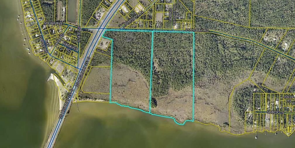 Rare Opportunity!  Bayfront Acreage Tract with Almost 2000 Feet on Choctawhatchee Bay!  Located in Central Walton County and directly on the Gateway to South Walton Beaches.  Hard Corner with approx. 150' on Hwy 331 along with a signalized intersection on US Highway 331 & Jolly Bay Road.  Across the Highway from Grady Brown County Bayfront Park and Boat Launch.  Jolly Bay Road is paved County road and has City water & sewer available.  Numerous opportunities for development of Recreational & Community services.  Cultural Arts, Marine Activities and Combined Use of Residential and Commercial possibilities.  Property has two tracts and is being sold together as one tract.  One of the last remaining large waterfront Parcels & none this close to the Highway & Bridge!!