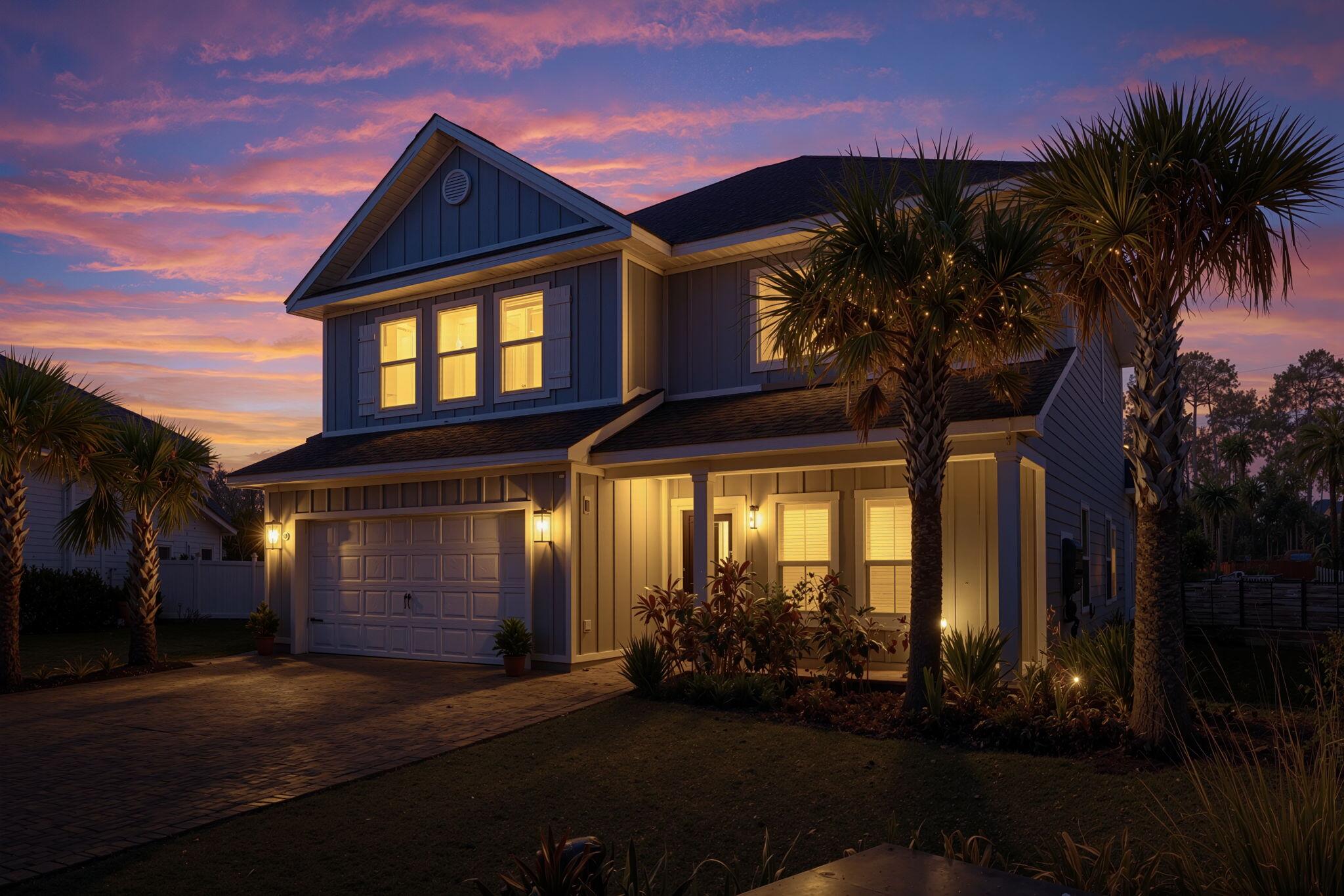 Welcome home to 26 Palmview Lane, located in the gated Lakeview Estates just moments from 30A. This private coastal community offers an exceptional lifestyle with a short golf cart ride to Dune Allen Beach or Gulf Place for dining, shopping, and beach days. The home features an open, light-filled living space and a gourmet kitchen with a gas range and built-in wall oven, ideal for entertaining. The first-floor primary suite includes a spacious en-suite with a beautiful walk-in shower and large walk-in closet. The home also boasts one of the largest backyards in the neighborhood. Upstairs offers a generous second living area with custom wall-to-wall hidden storage, three roomy guest suites, and a large laundry room.  An incredible community pool will complete your luxurious new lifestyle!